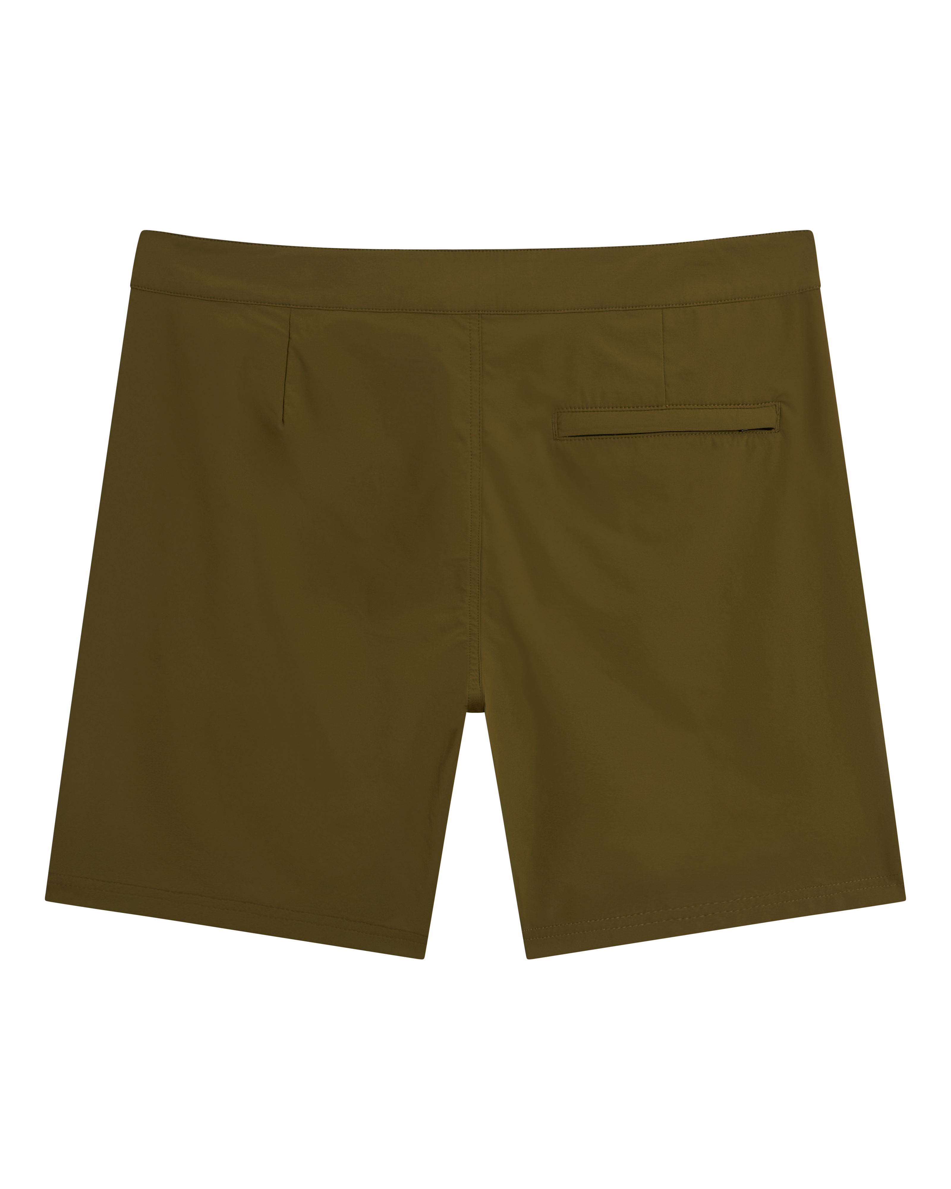 The Cavoli Swim Short - Berdea by Dandy Del Mar, shown from the back in brown, features two pockets (one with a horizontal right-side opening) and is crafted from 4-way stretch fabric for enhanced comfort.