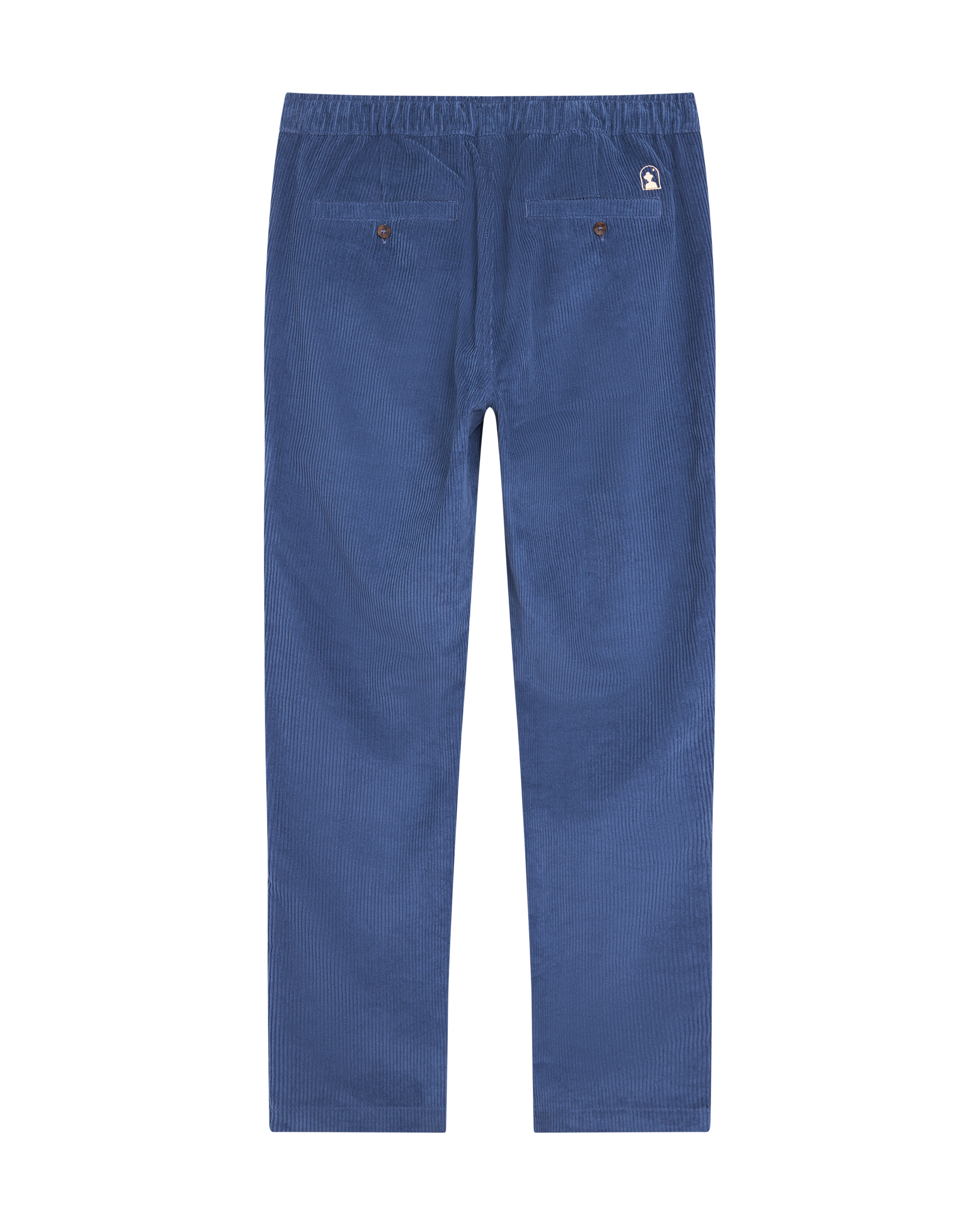 The Corsica Corduroy Pant - Moontide by Dandy Del Mar, shown from the back in blue 8-wale corduroy, features an elastic waist and two buttoned back pockets.