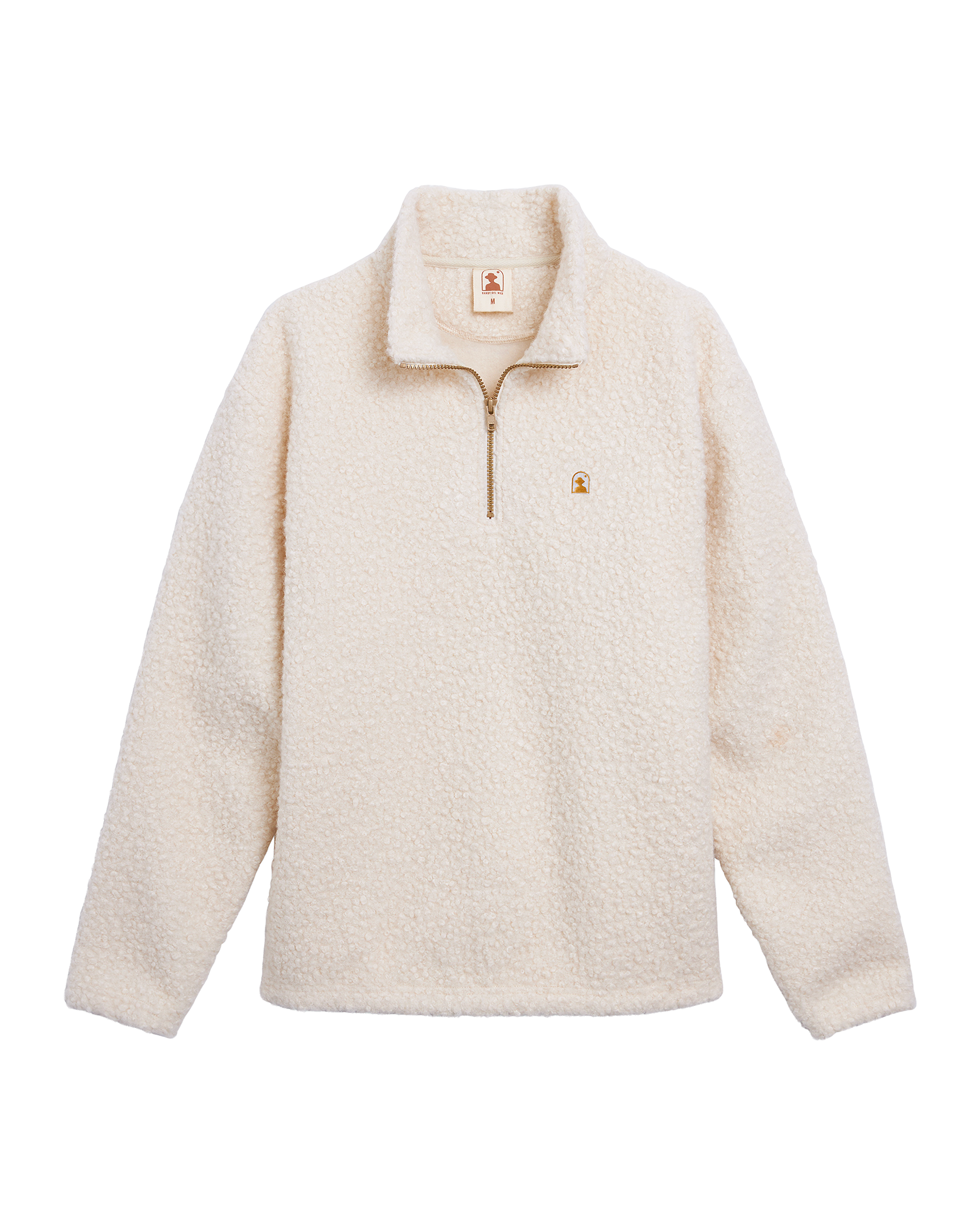 The Cusco Sherpa Pullover by Dandy Del Mar in Vintage Ivory features long sleeves, a quarter-zip front, mesh lining for comfort, and a small embroidered logo on the left chest.