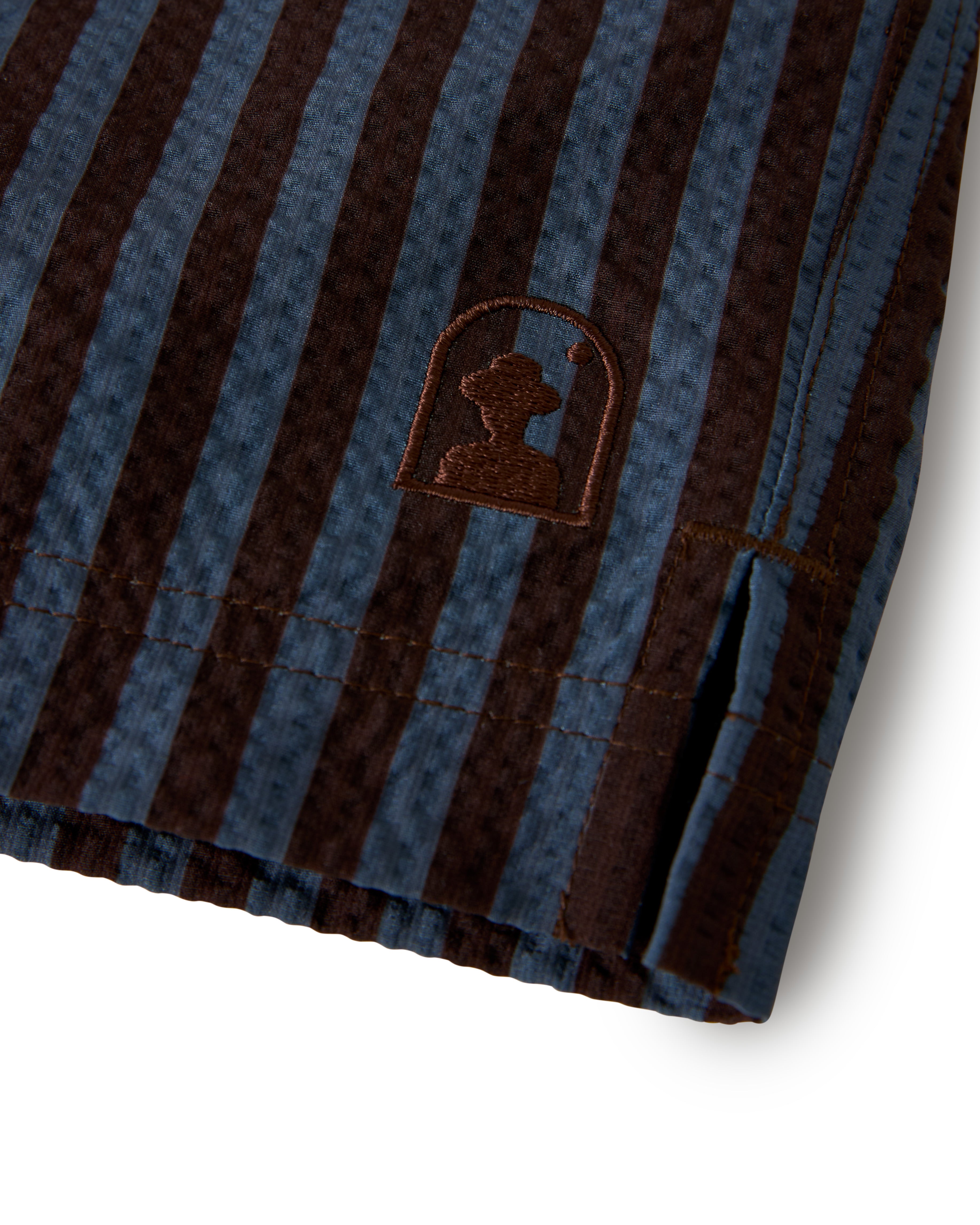 Close-up of Dandy Del Mar's Ventura Volley Short in Moontide, featuring blue and brown stripes, an embroidered silhouette logo, elastic waist for comfort, and a micro mesh liner for support.