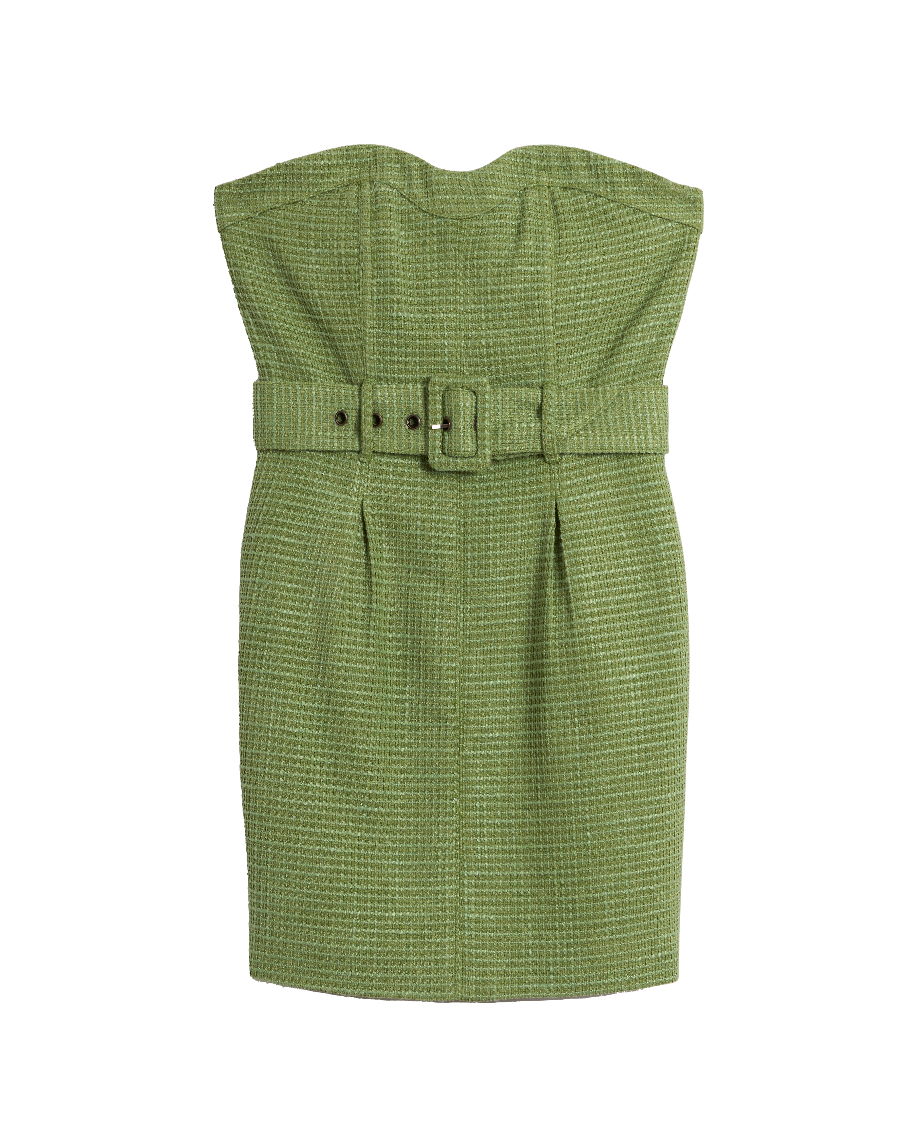 The Trinidad Tweed Strapless Dress - Oliva by Dandy Del Mar: a green strapless mini dress with a wide waist belt and front pleats, shown on a plain background.