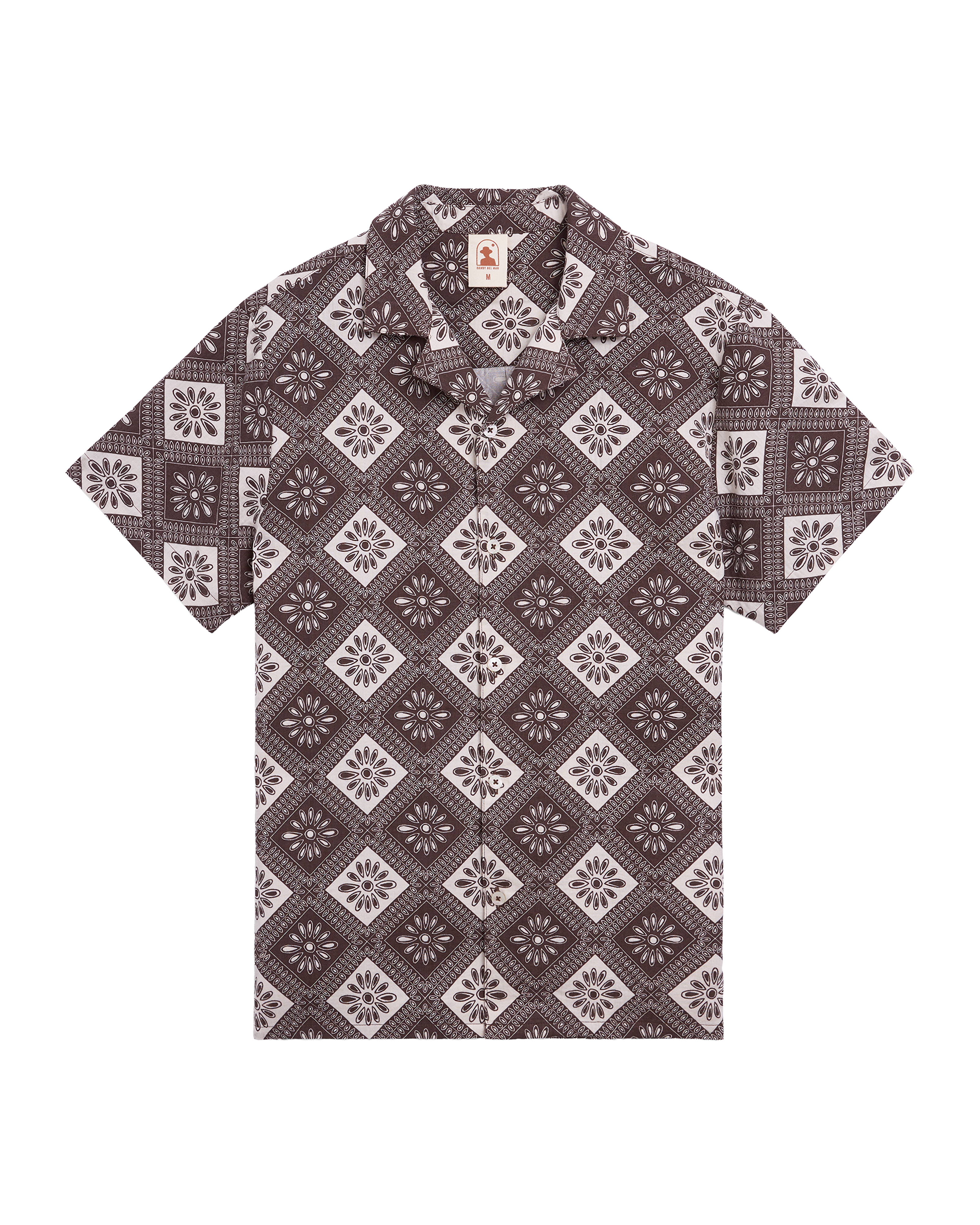 The Grenadine Shirt - Carajillo by Dandy Del Mar features a brown and white geometric tile pattern on lightweight crinkle gauze, making it the perfect short-sleeve travel shirt.