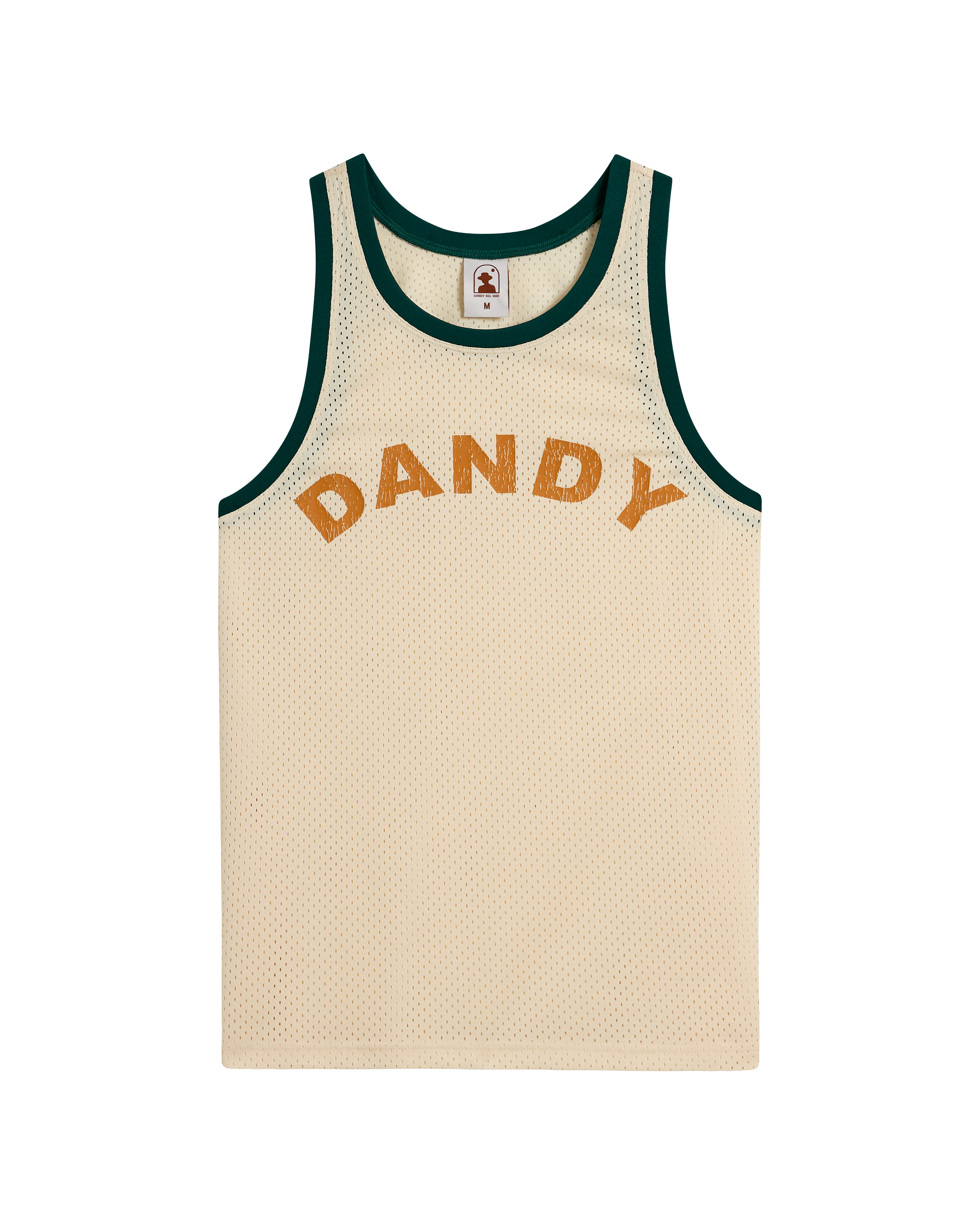 The Kaena Mesh Tank - Sabbia by Dandy Del Mar is a cream sleeveless sports mesh jersey with green trim and bold orange "DANDY" lettering—perfect for laid-back style.