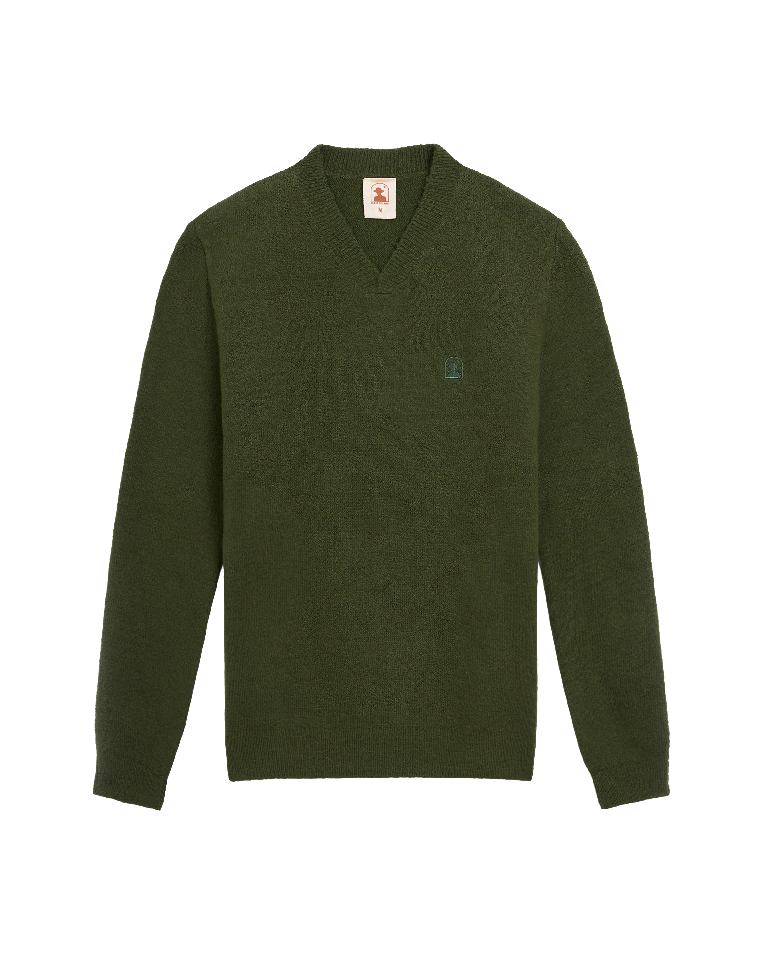 The Lima Sweater - Selva by Dandy Del Mar is a plain dark green V-neck sweater with classic long sleeves, shown on a white background.