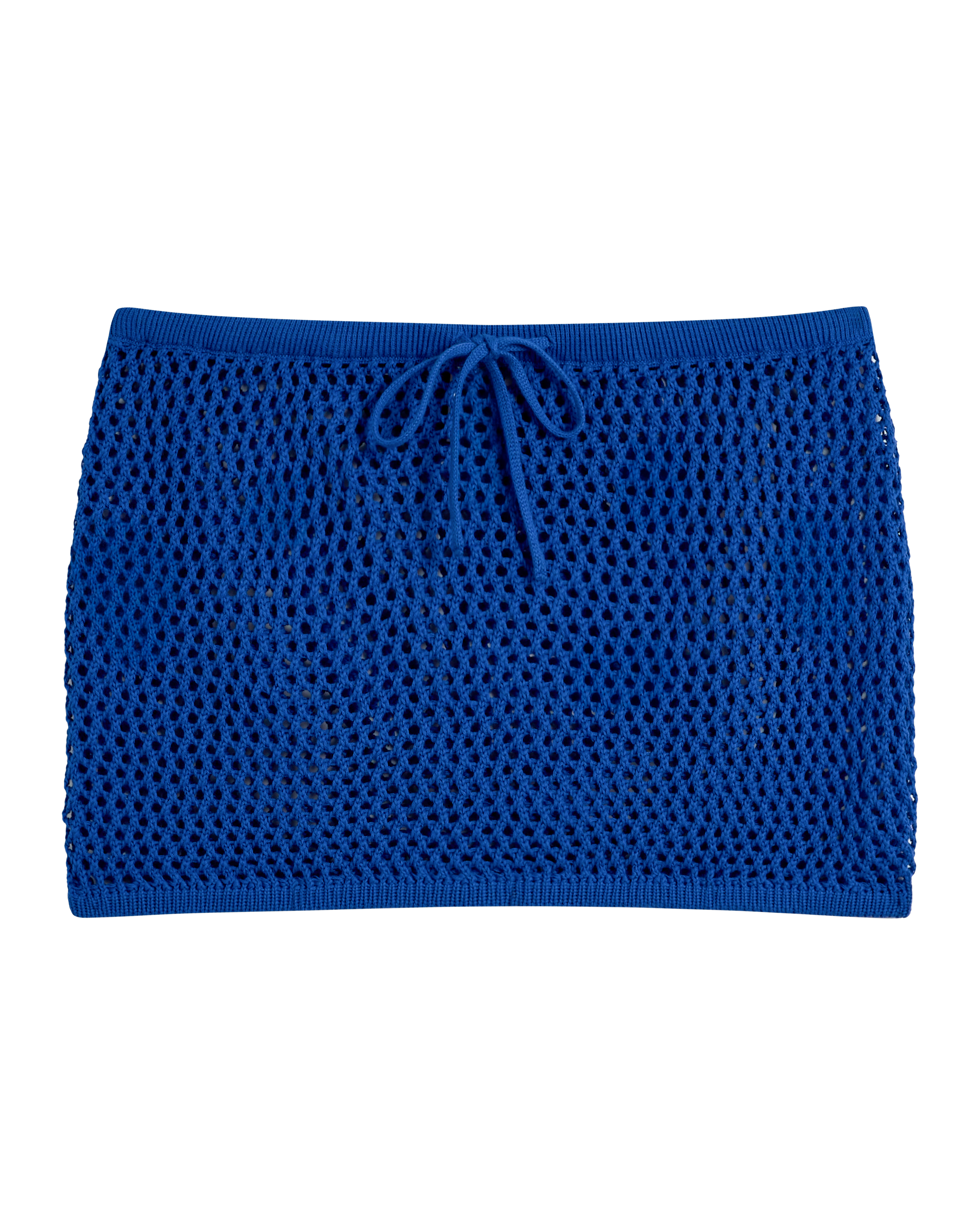 The Malaga Crochet Skirt - Solana by Dandy Del Mar is a blue 100% cotton mini skirt with an elastic ribbed waistband and adjustable drawstring, shown against a plain background.