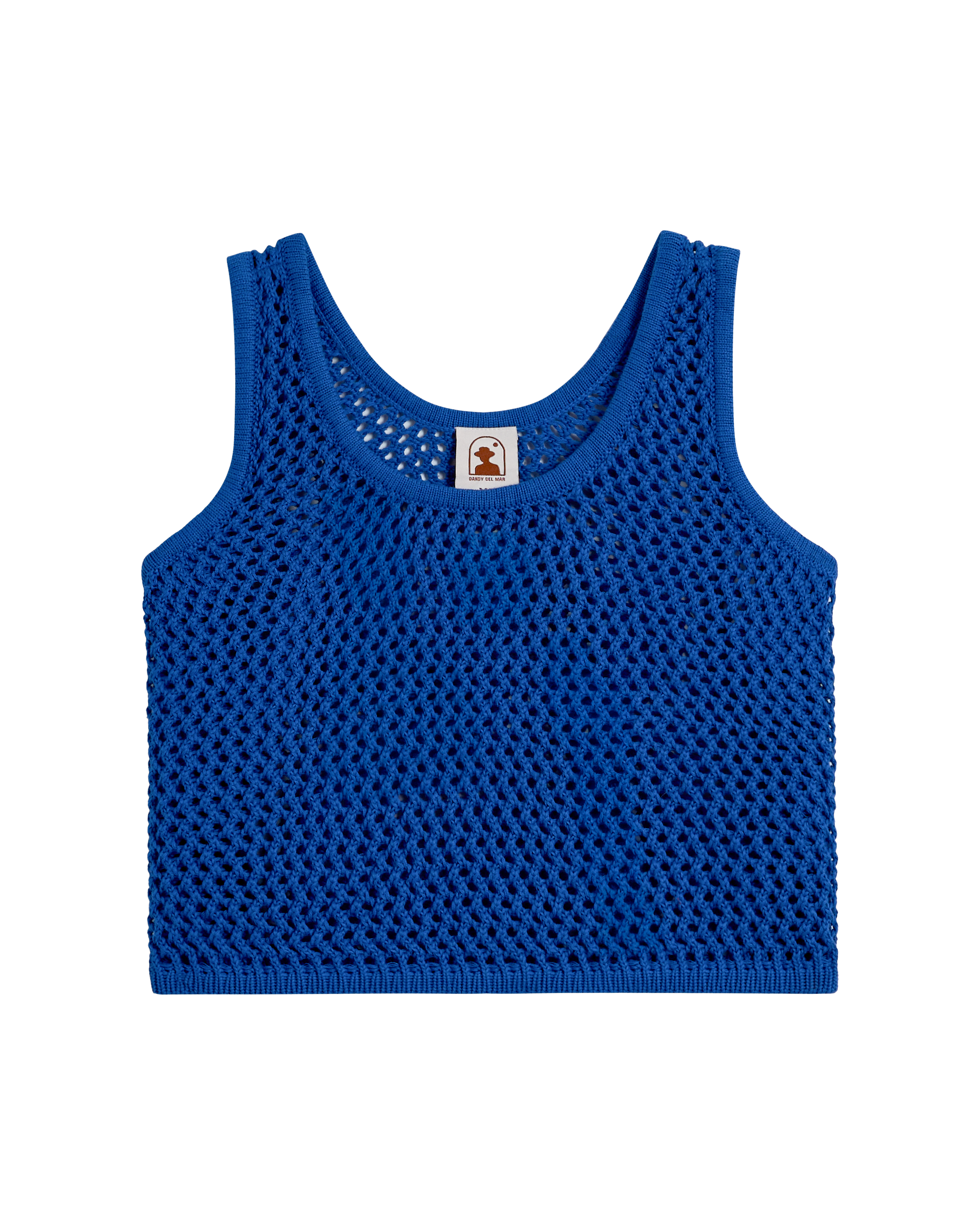 The Malaga Crochet Tank - Solana by Dandy Del Mar is a blue cropped tank with a round neckline, displayed flat on a plain background—perfect for effortless style.