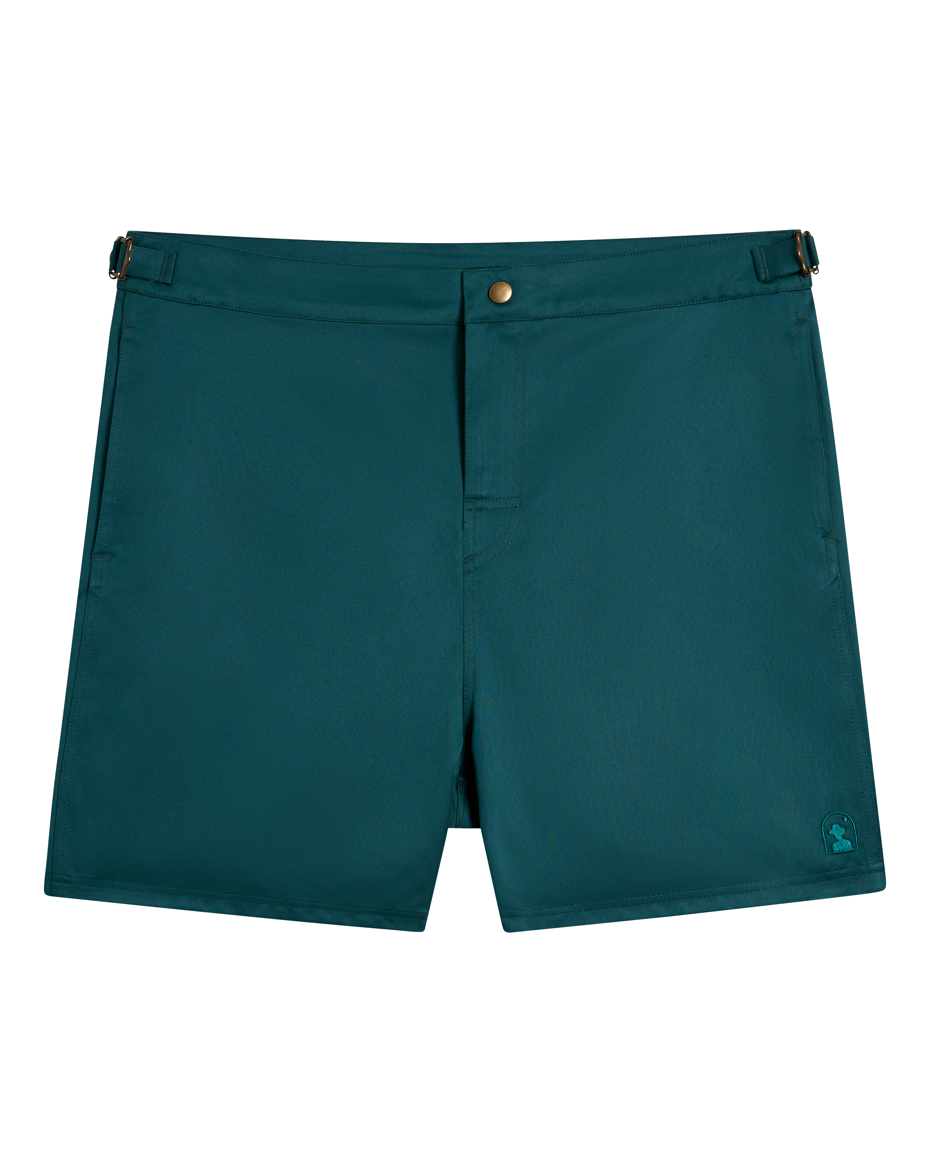 The Mallorca Swim-Walk Short - Tempest Blue by Dandy Del Mar features adjustable side fasteners, a button closure, and a small embroidered logo on the lower left leg.