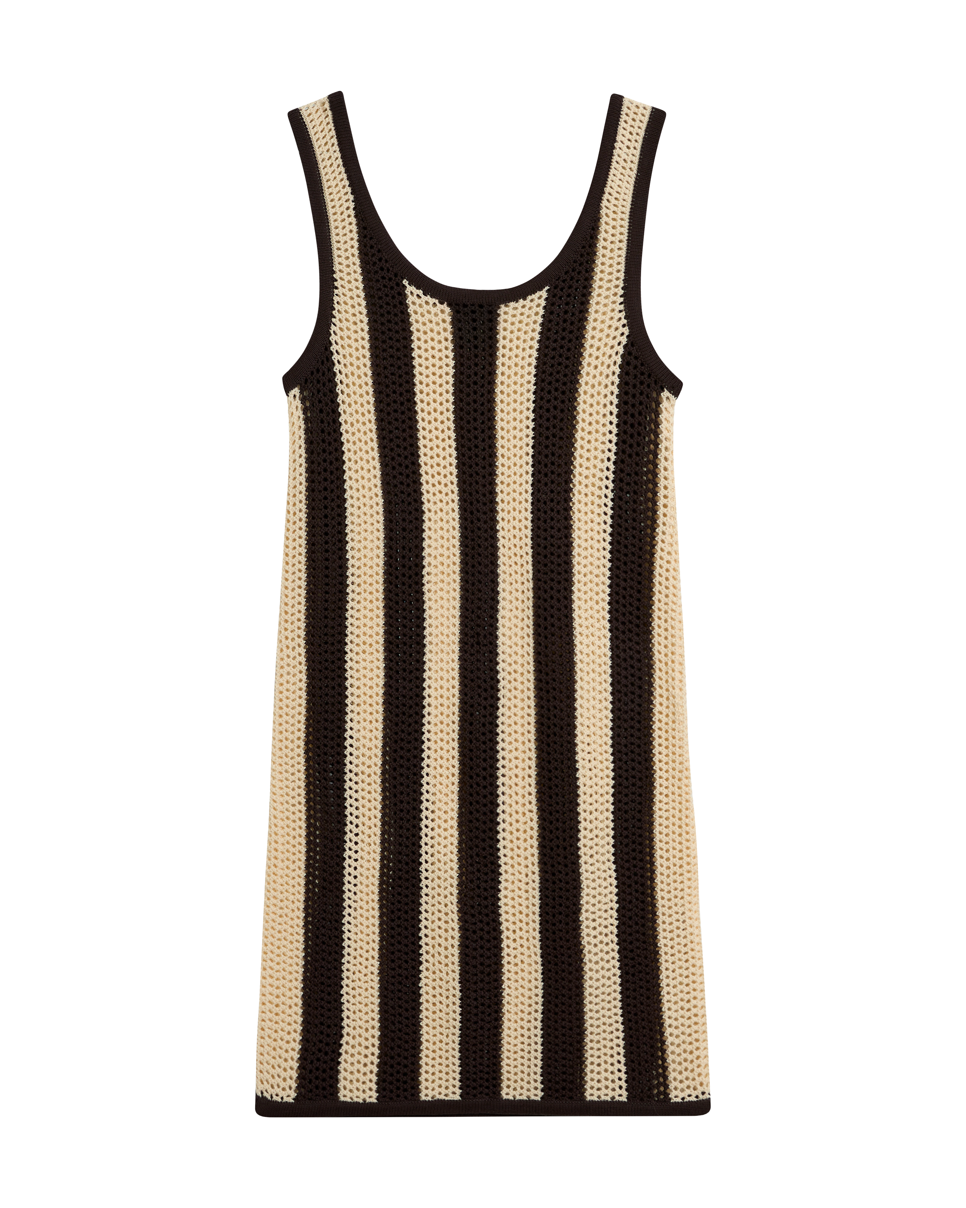 The Malta Crochet Dress - Tierra by Dandy Del Mar is a sleeveless bodycon mini dress featuring vertical sienna stripes in brown and beige, shown flat on a white background, blending classic crochet style with a modern silhouette.