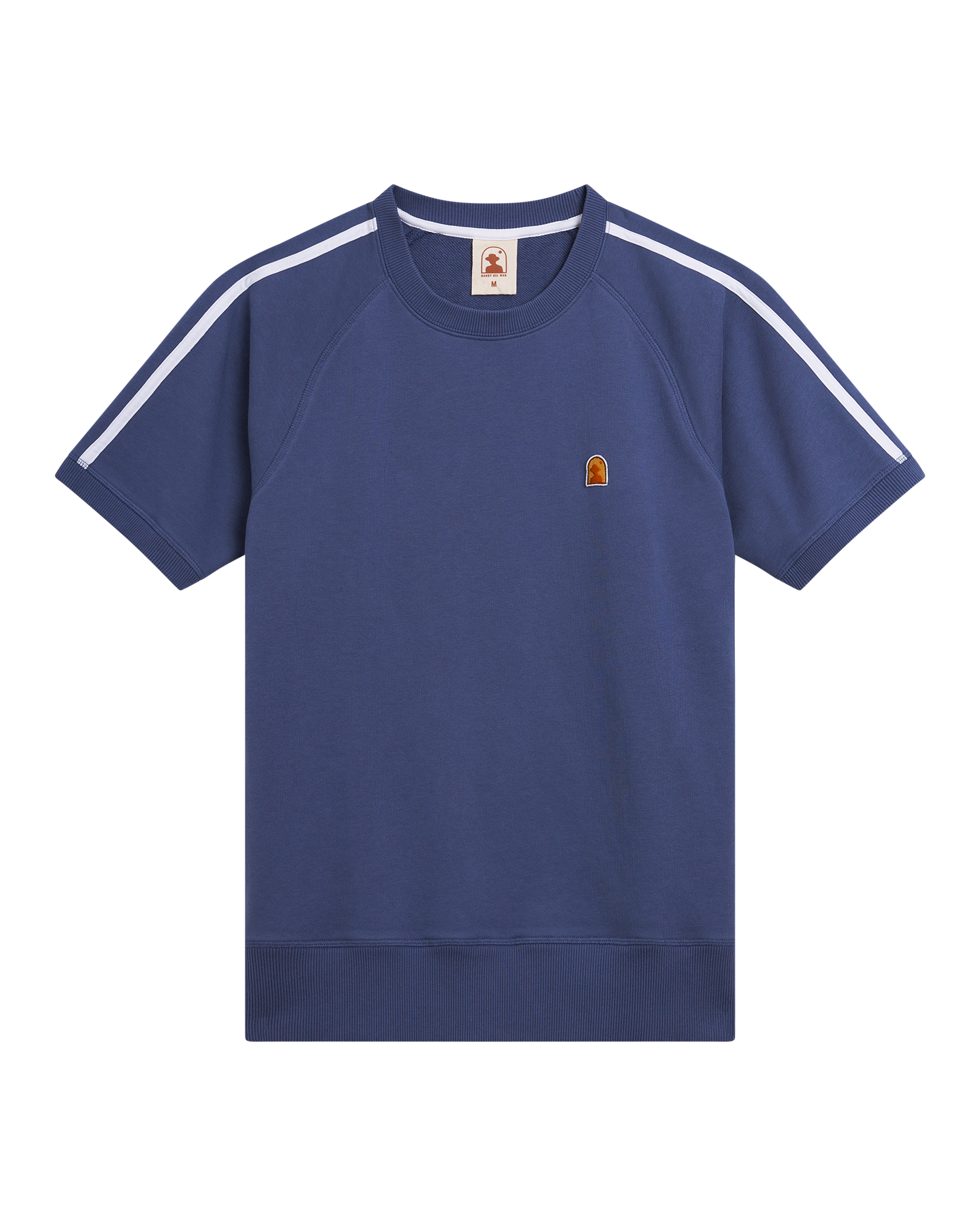 The Marseille French Terry Pullover - Moontide by Dandy Del Mar features short sleeves, a blue Raglan Crew design with white shoulder stripes, and a small orange chest patch, shown on a plain black background.