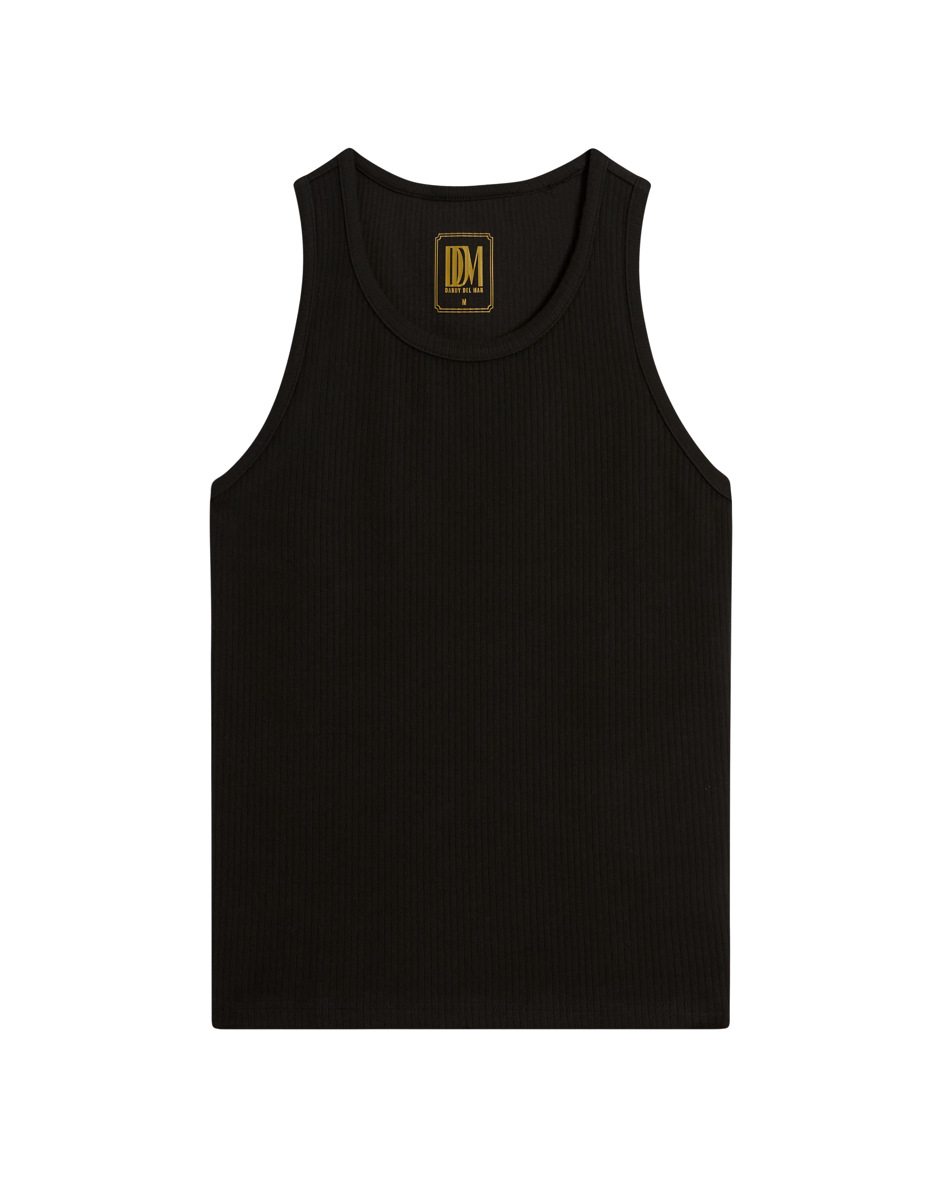 The Milan Rib Tank - Onyx by Dandy Del Mar is a black, sleeveless scoop neck tank top with rib knit fabric and a gold DM logo tag on the inner neckline, shown against a plain background.