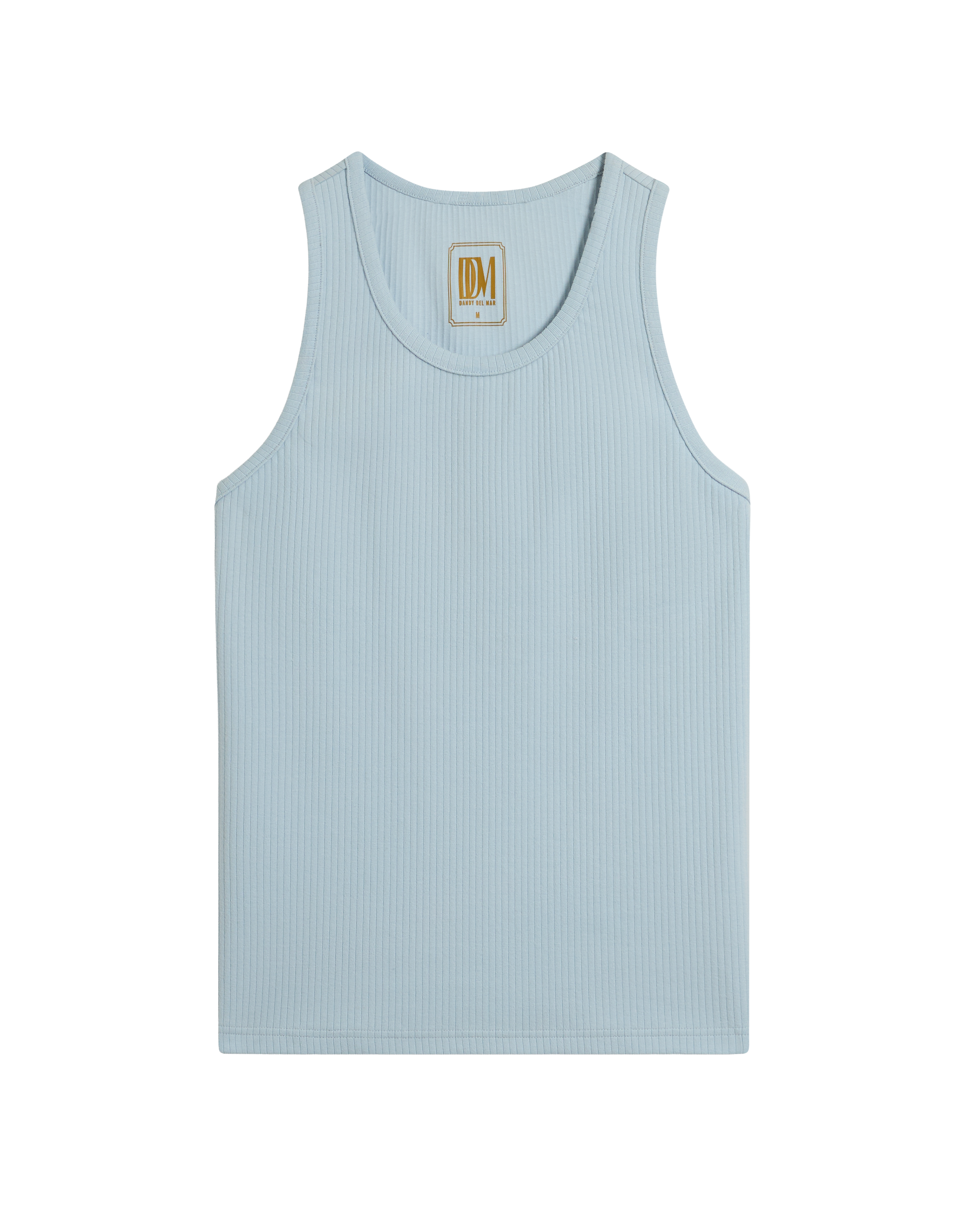 The Milan Rib Tank - Comet by Dandy Del Mar is a light blue rib knit tank with an athletic silhouette, a scoop neckline, and a small beige label inside the back collar featuring the initials "DM.