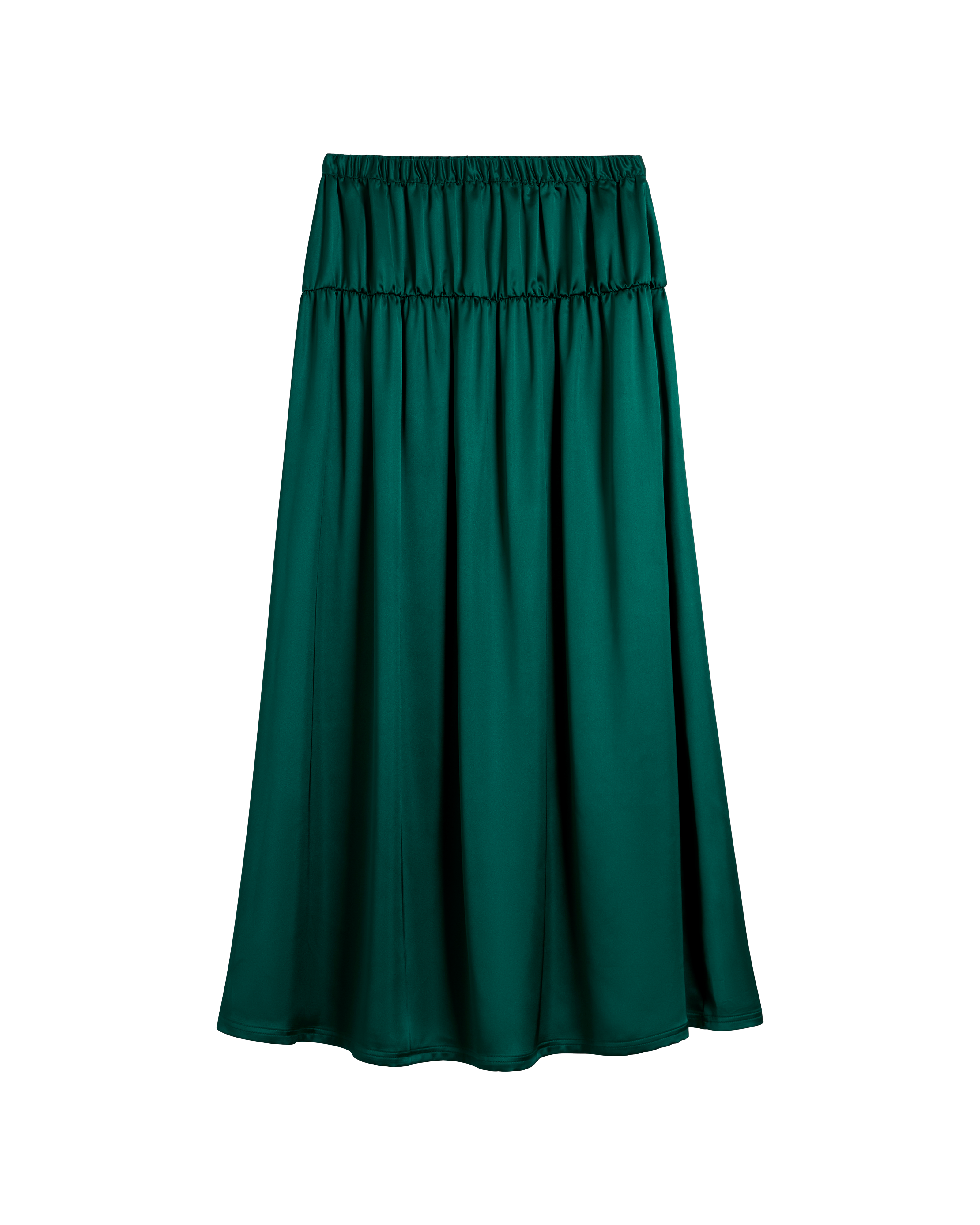The Monaco Maxi Skirt - Albero by Dandy Del Mar: an emerald green satin maxi skirt with an elastic waistband and a slightly flared silhouette, shown on a plain background.