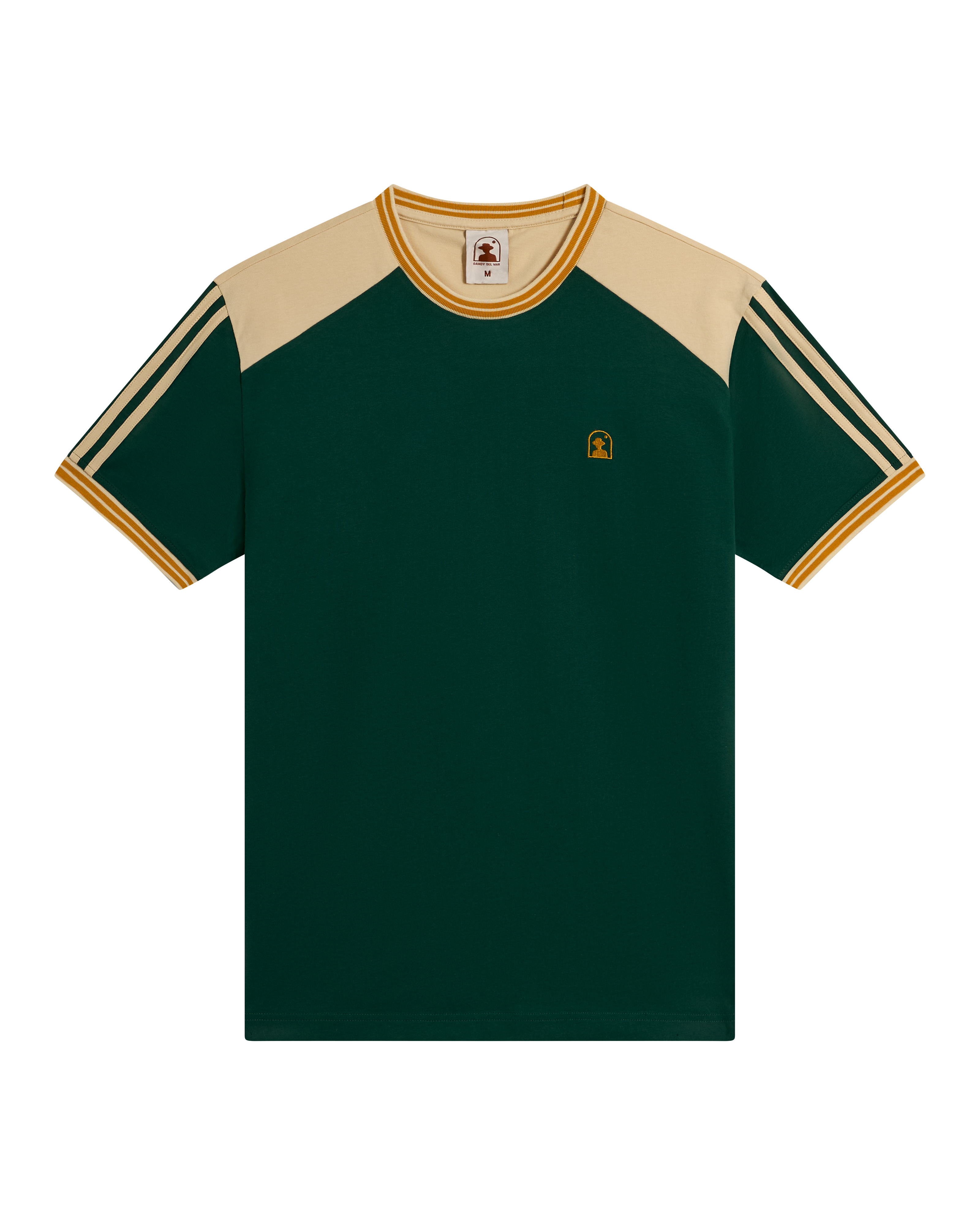 The Nassau Tee - Albero by Dandy Del Mar is a green short-sleeve cotton jersey with beige shoulders, striped sleeves, yellow trim on the collar and cuffs, and a small embroidered logo on the left chest.