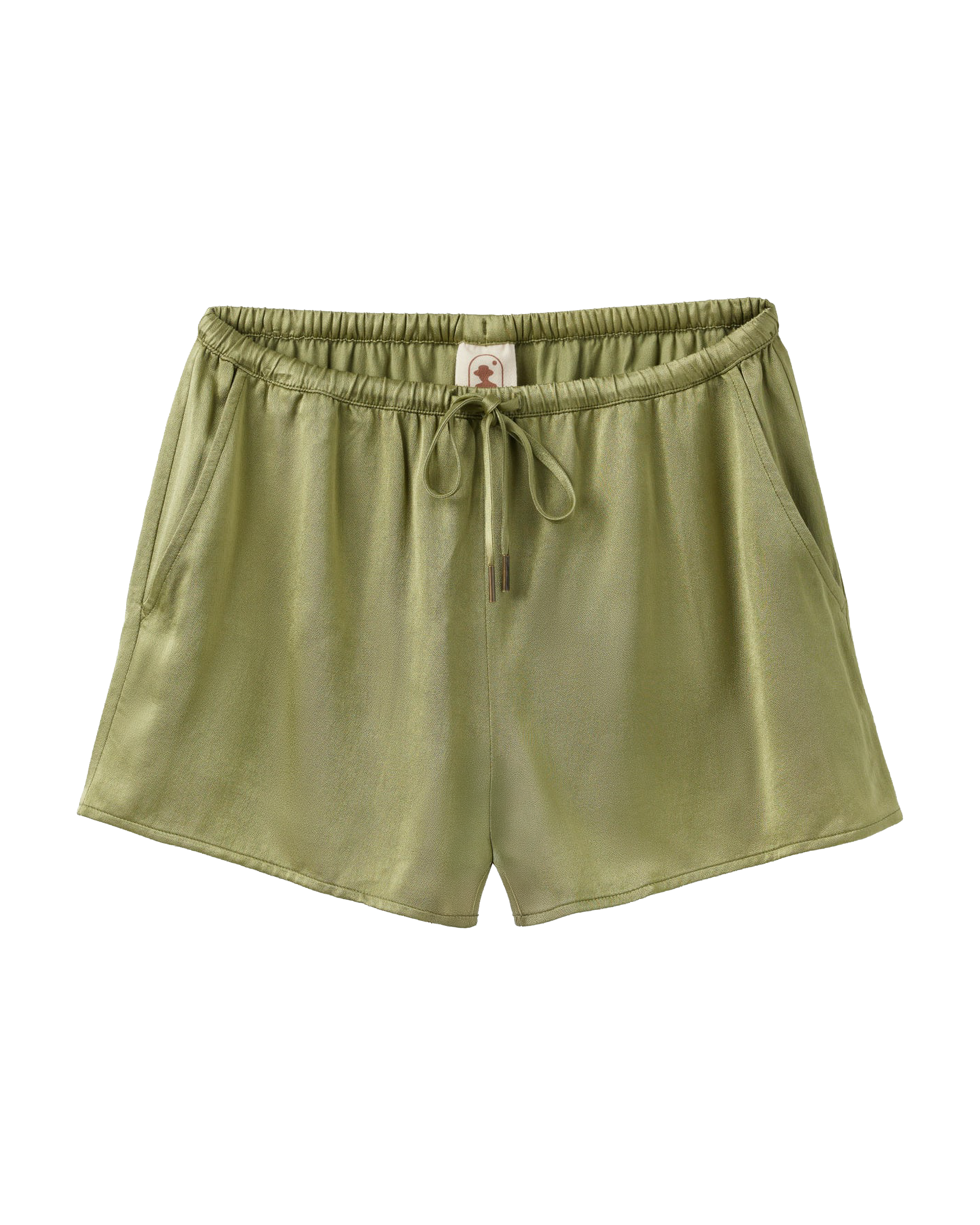 The Portofino Viscose Shorts - Berdea by Dandy Del Mar are olive green satin lounge shorts with an elastic waist, drawstring tie, and side pockets, shown on a white background.