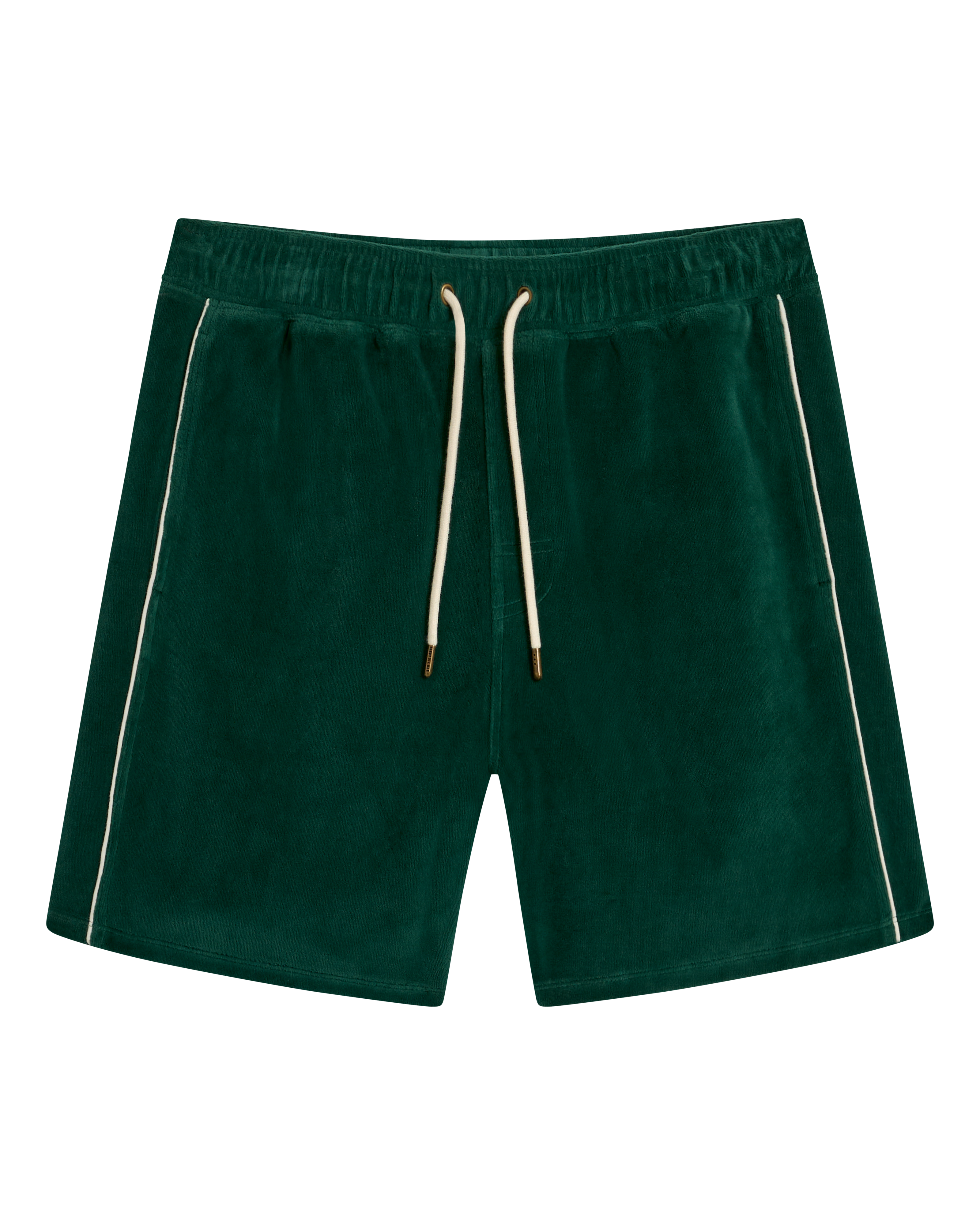 The Rio Velour Short - Albero by Dandy Del Mar features dark green velour fabric, an elastic waistband, white drawstrings, and white piping along the side seams. Displayed flat on a plain background.