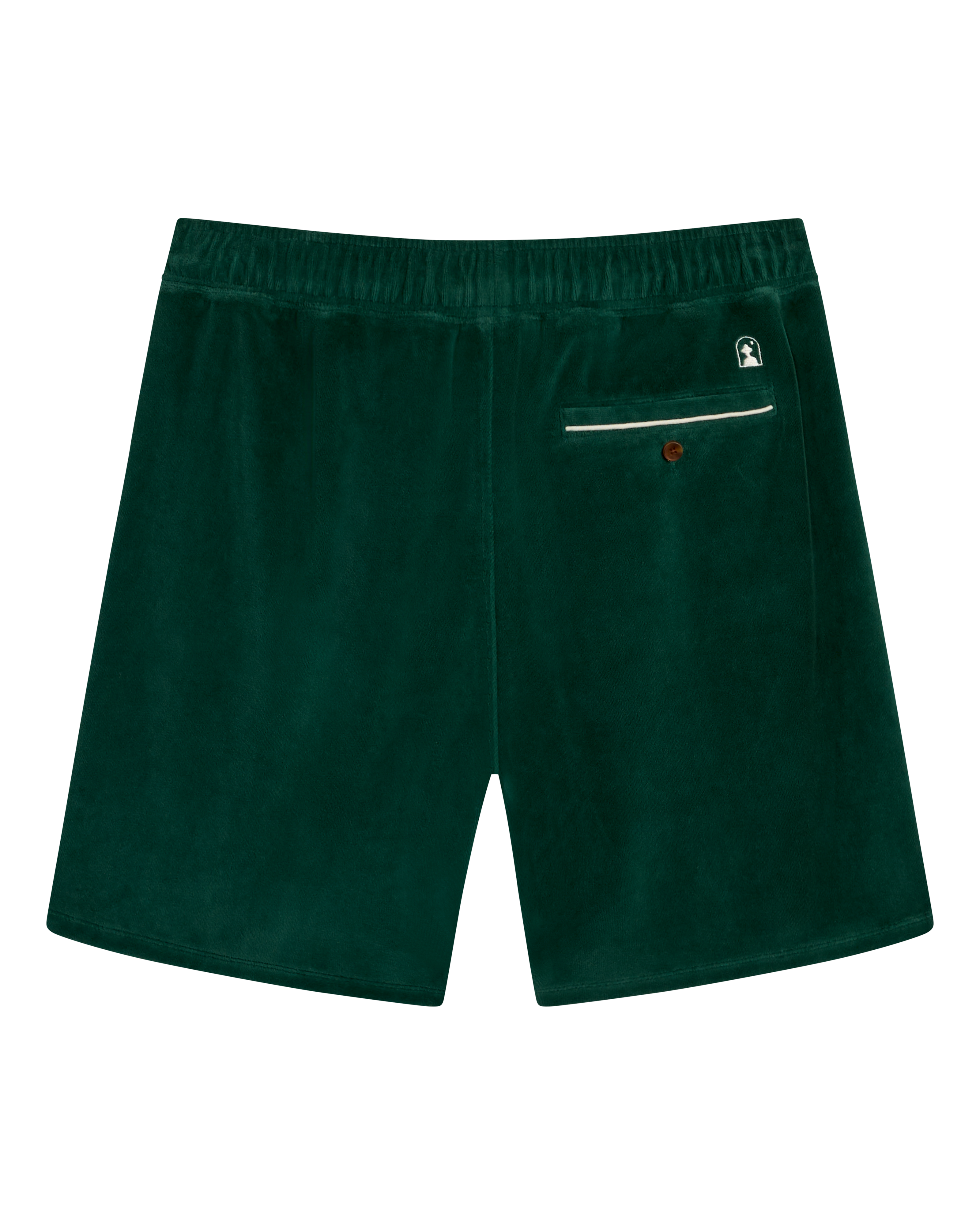 The Rio Velour Short - Albero by Dandy Del Mar features dark green velour fabric, an elastic waistband, a back zippered pocket, and a small logo patch above the pocket.
