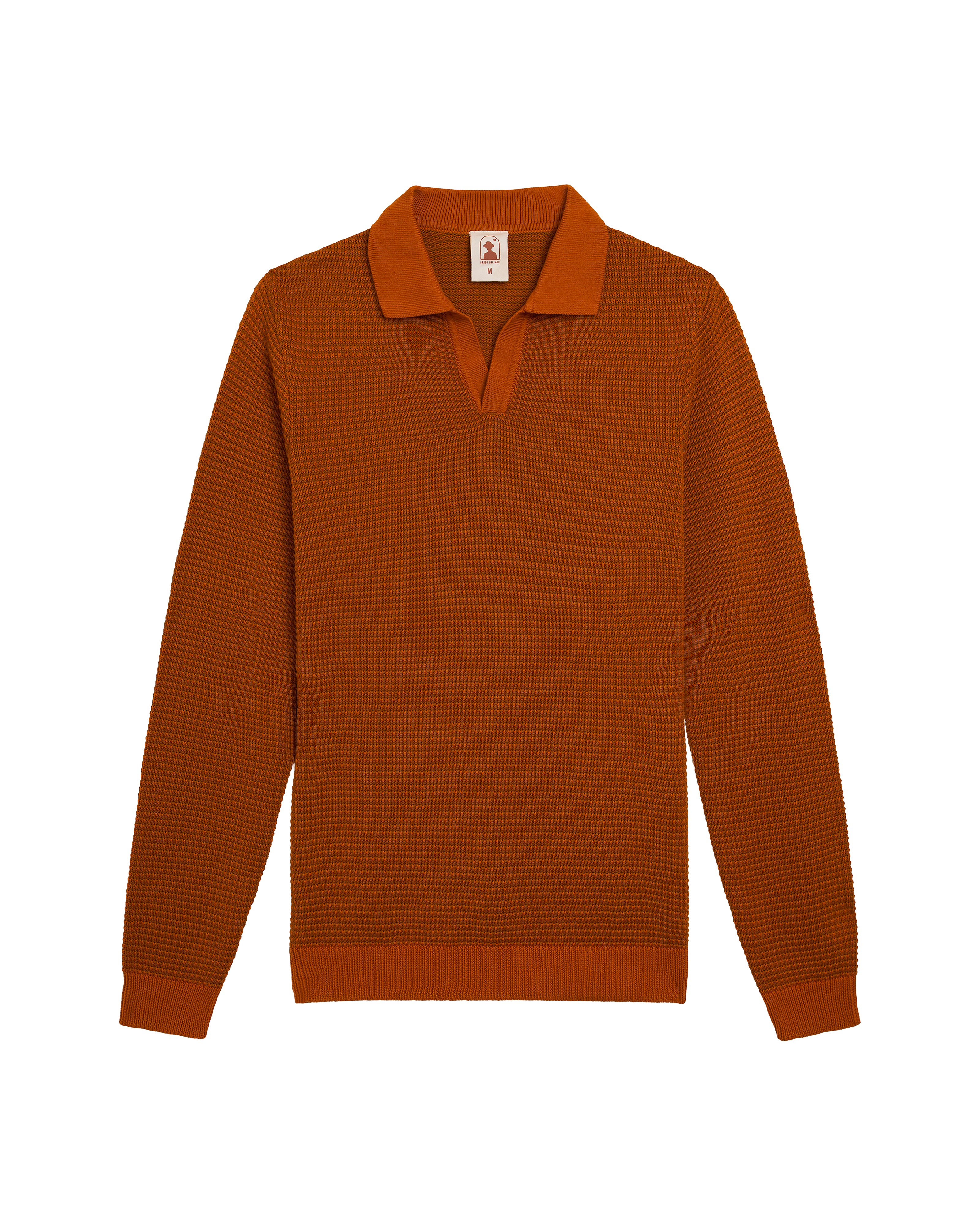 The Sebastian Long Sleeve Polo in Burnt Sienna by Dandy Del Mar: a 100% cotton knit sweater with a textured pattern, open collar, and ribbed cuffs and hem, shown laid flat on a white background.