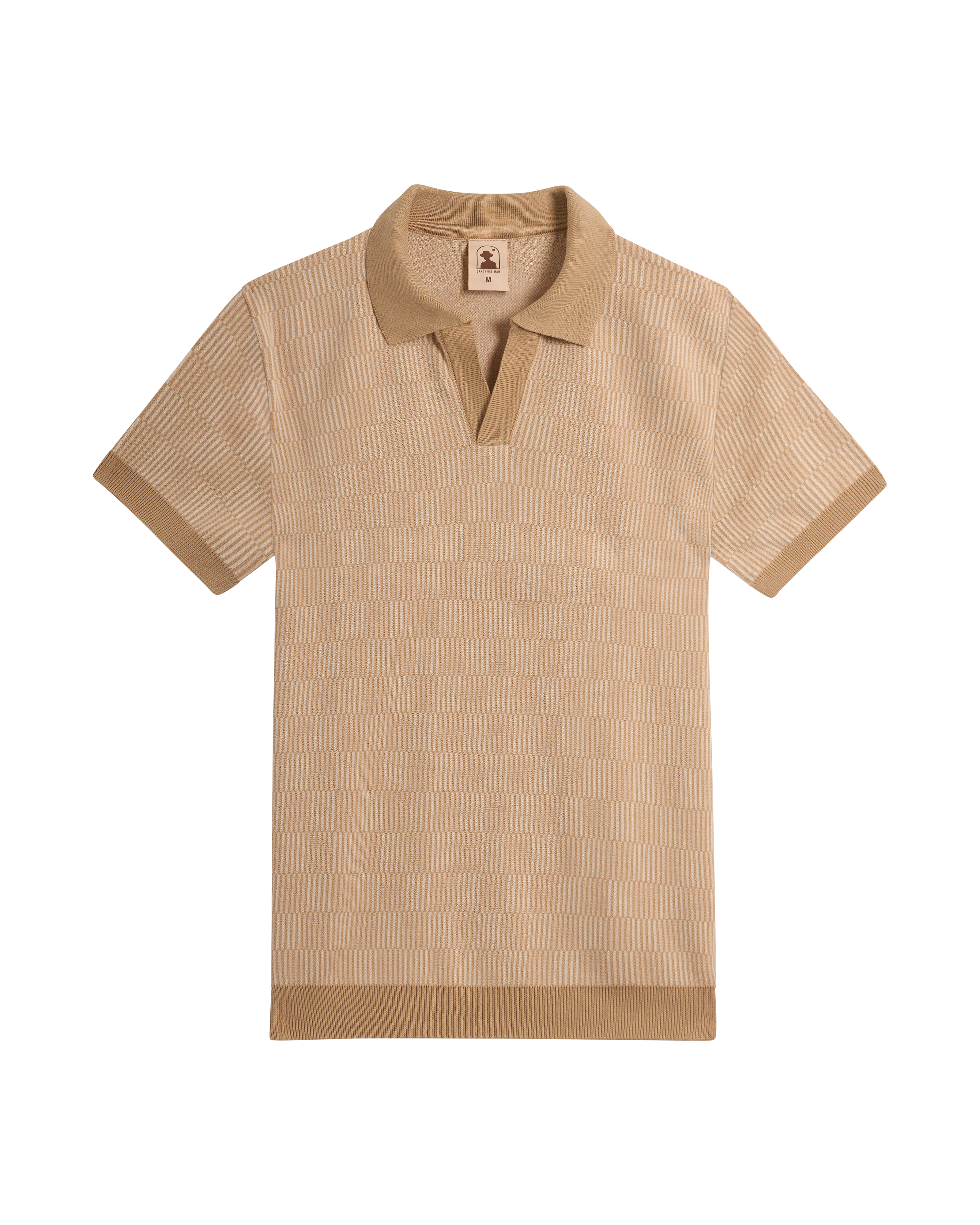 The Sebastian Knit Polo - Shell by Dandy Del Mar: a beige, short-sleeve Italian knit polo with textured pattern, open collar, and ribbed cuffs and hem. This buttonless shirt offers effortless style with refined detail.