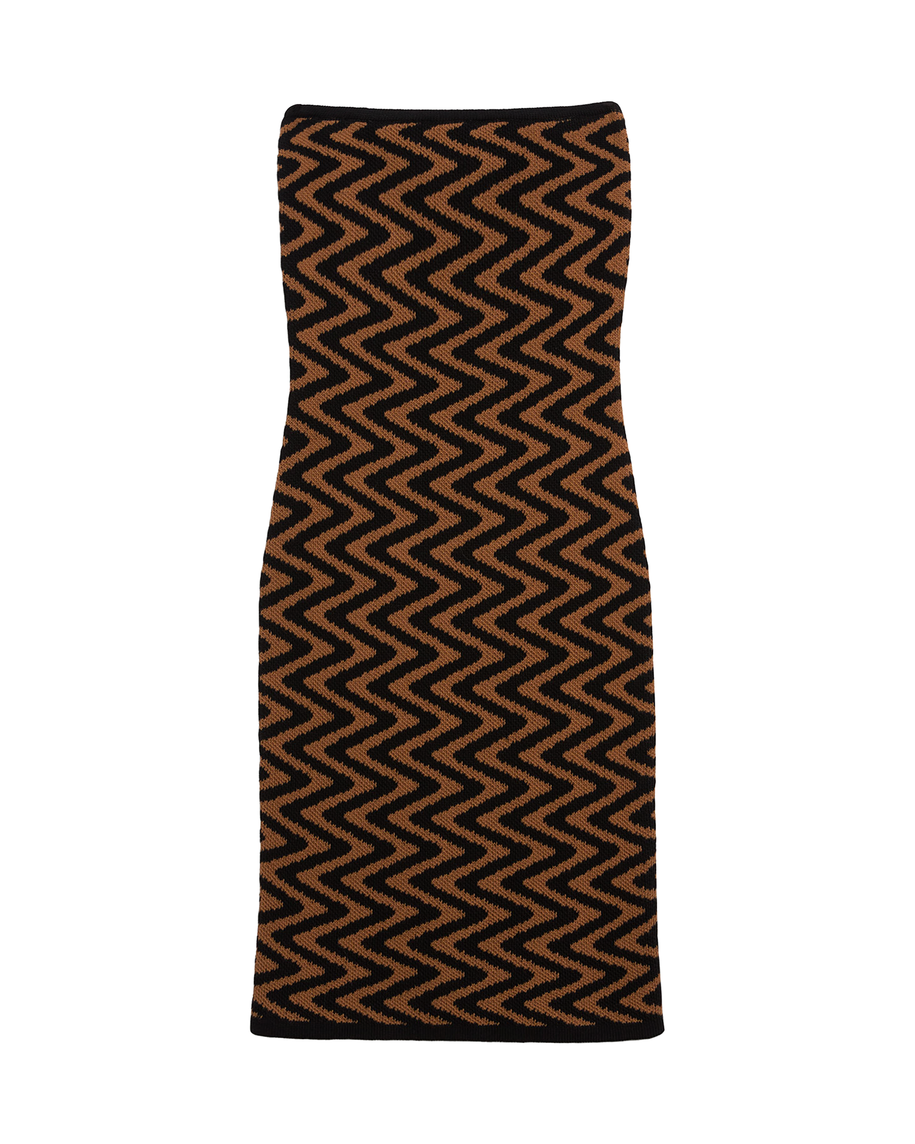 The Cabaret Tube Dress - Onyx by Dandy Del Mar features a black and brown zigzag pattern, strapless sweater knit design, form-fitting tube fit, and midi length, shown on a plain background.
