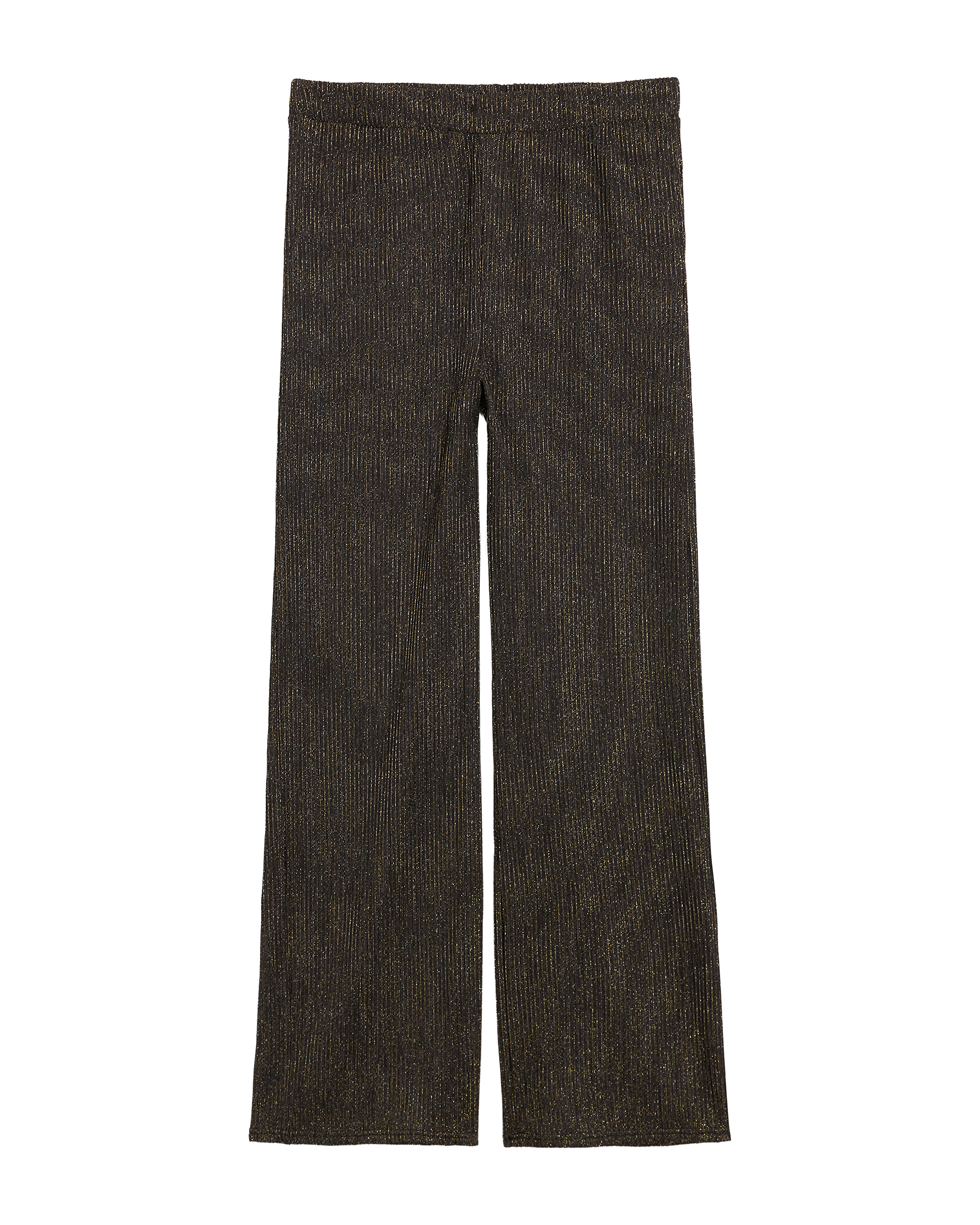 The Hydra Sheer Shimmer Pant - Onyx by Dandy Del Mar: straight-leg, ribbed metallic brown pants woven with Lurex fibers, displayed flat against a white background.