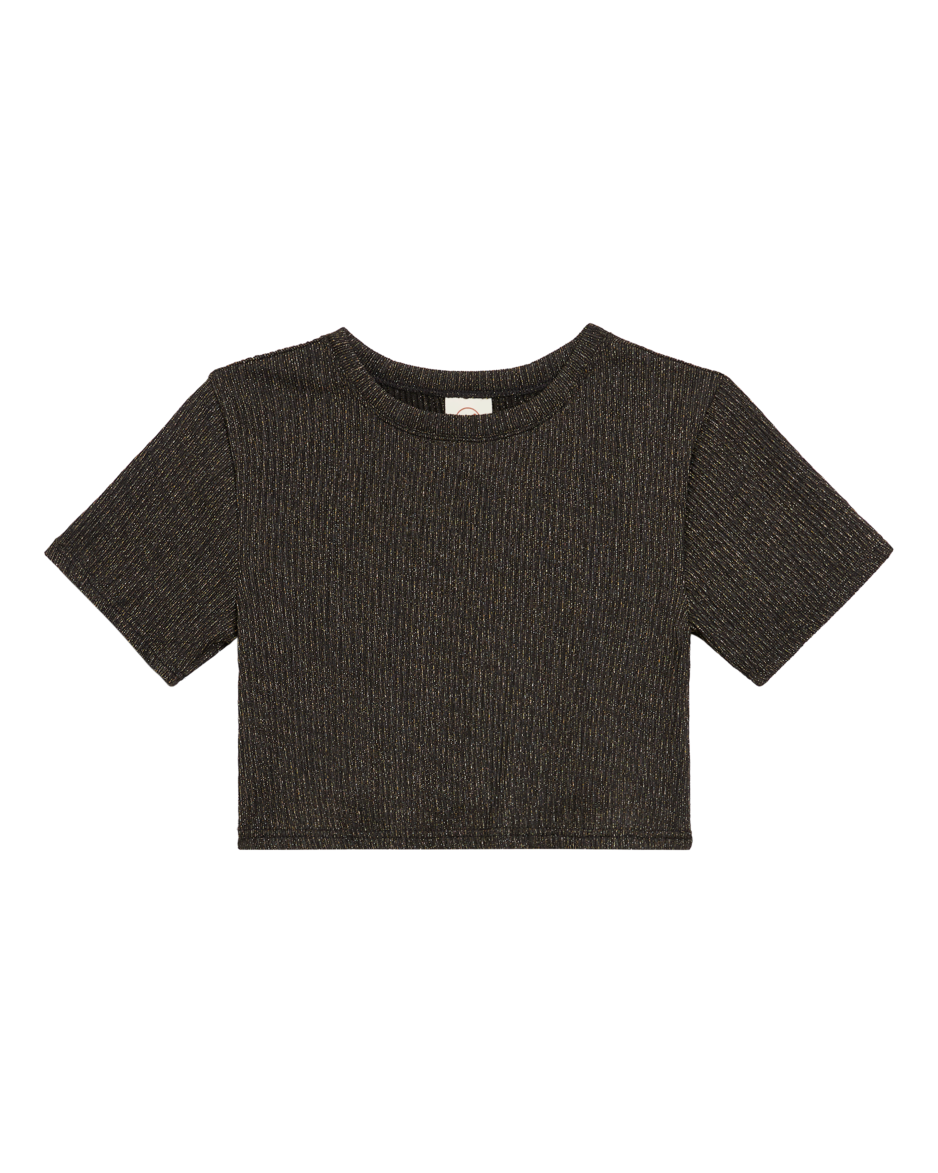 The Hydra Shimmer Shirt - Onyx by Dandy Del Mar, a dark gray ribbed short-sleeve crop top with a cropped crew fit, is laid flat on a white background.