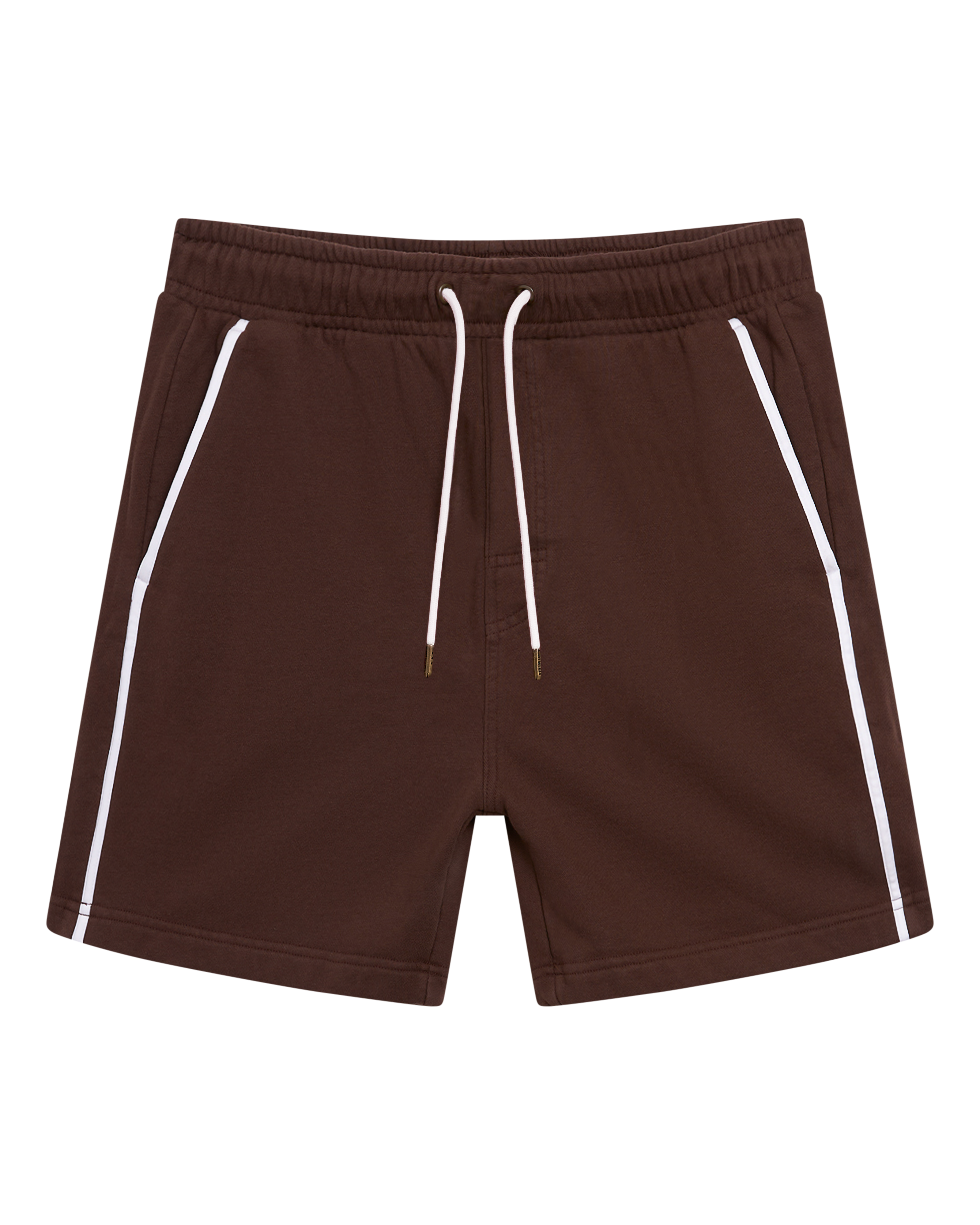 The Dandy Del Mar Marseille French Terry Short - Carajillo features white side stripes, a white drawstring, and an elastic waist, shown on a plain background.