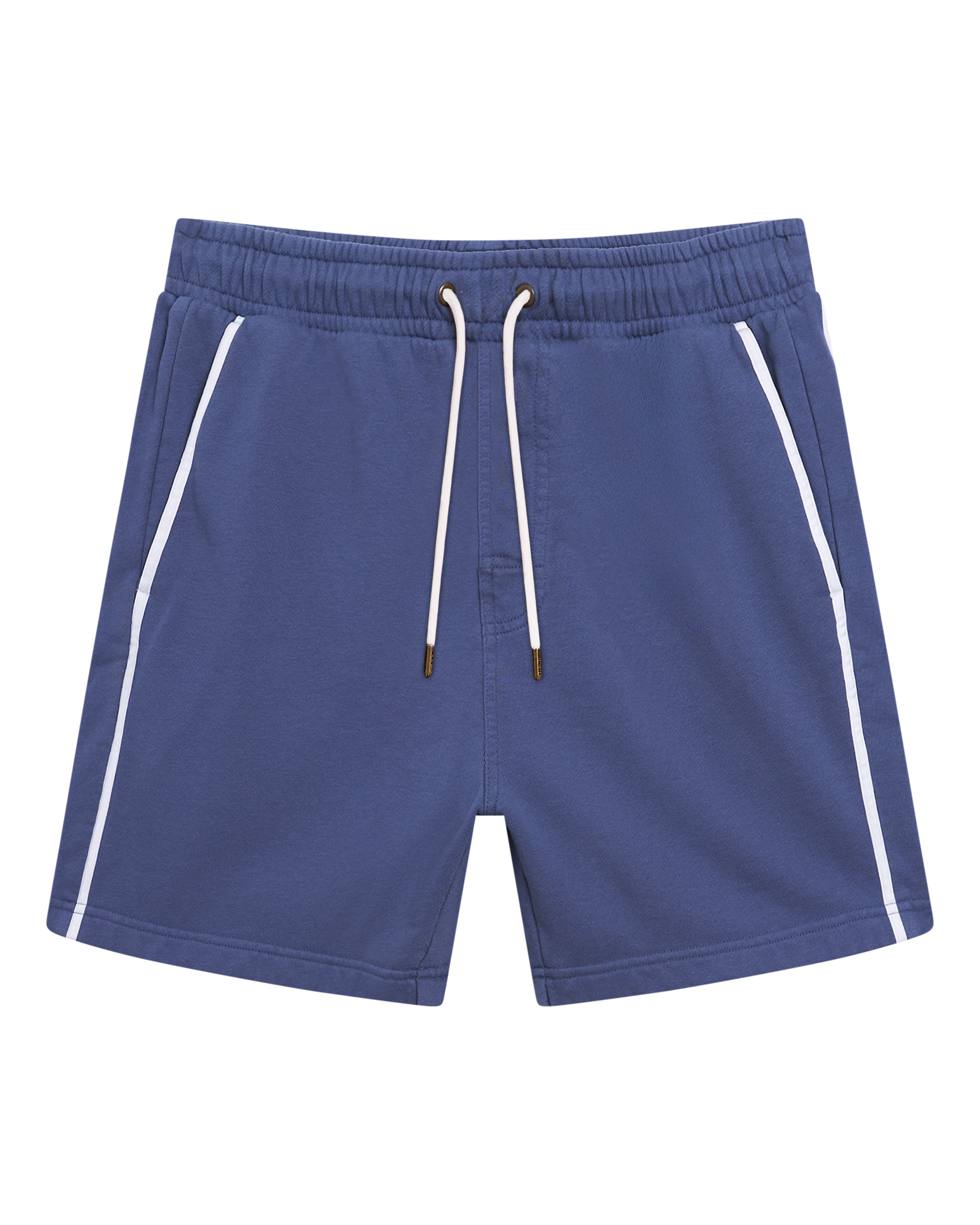 The Marseille French Terry Short - Moontide by Dandy Del Mar: blue shorts with an elastic waist, white drawstrings, and white side piping, displayed flat on a plain background.