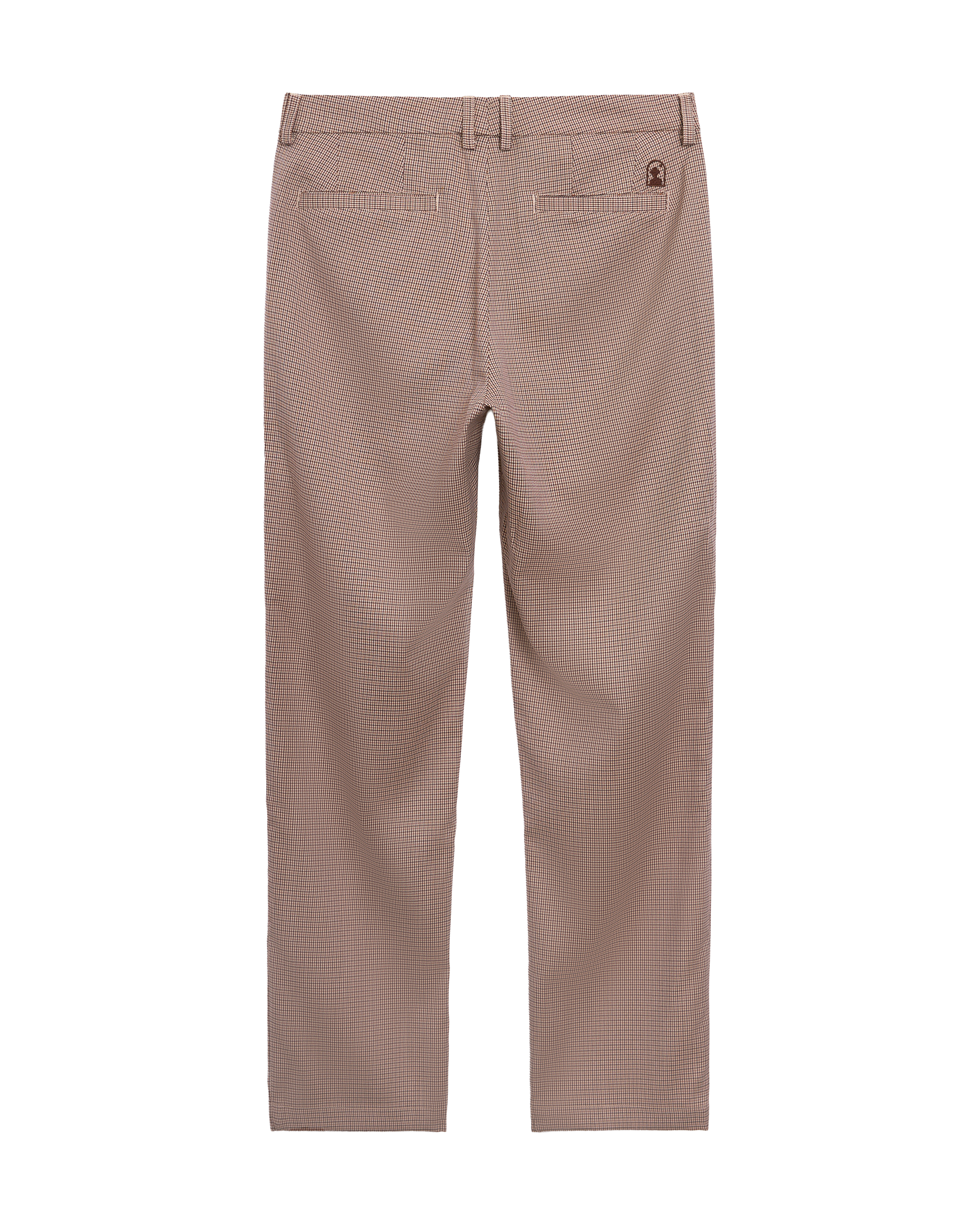 Back view of The Tresco Trouser - Carajillo by Dandy Del Mar: beige houndstooth dress pant with belt loops and two buttoned welt pockets, made from a comfortable polyester blend.