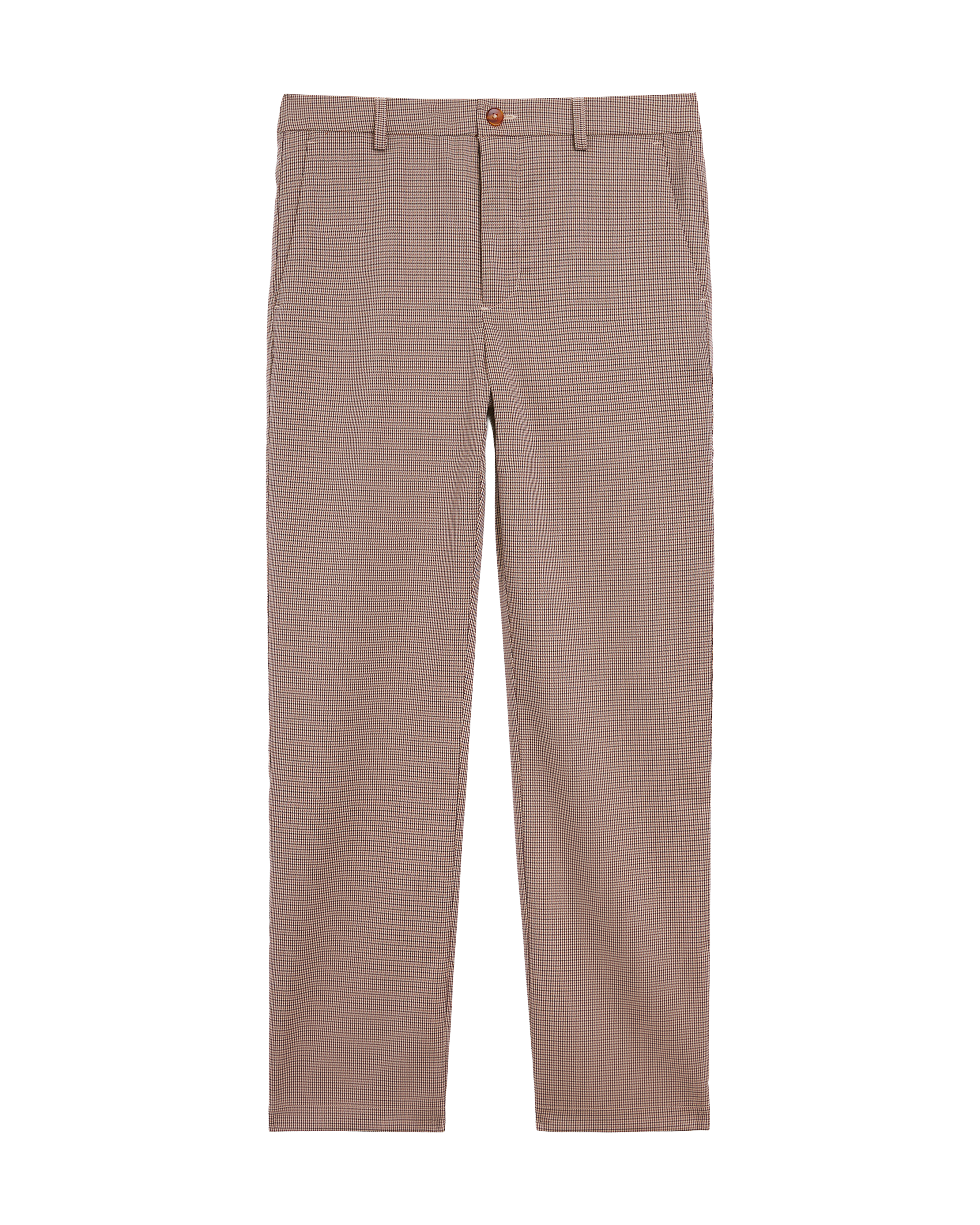 Flat lay of The Tresco Trouser - Carajillo by Dandy Del Mar, in beige and brown houndstooth polyester blend with front pockets and a button closure for a classic dress pant look.
