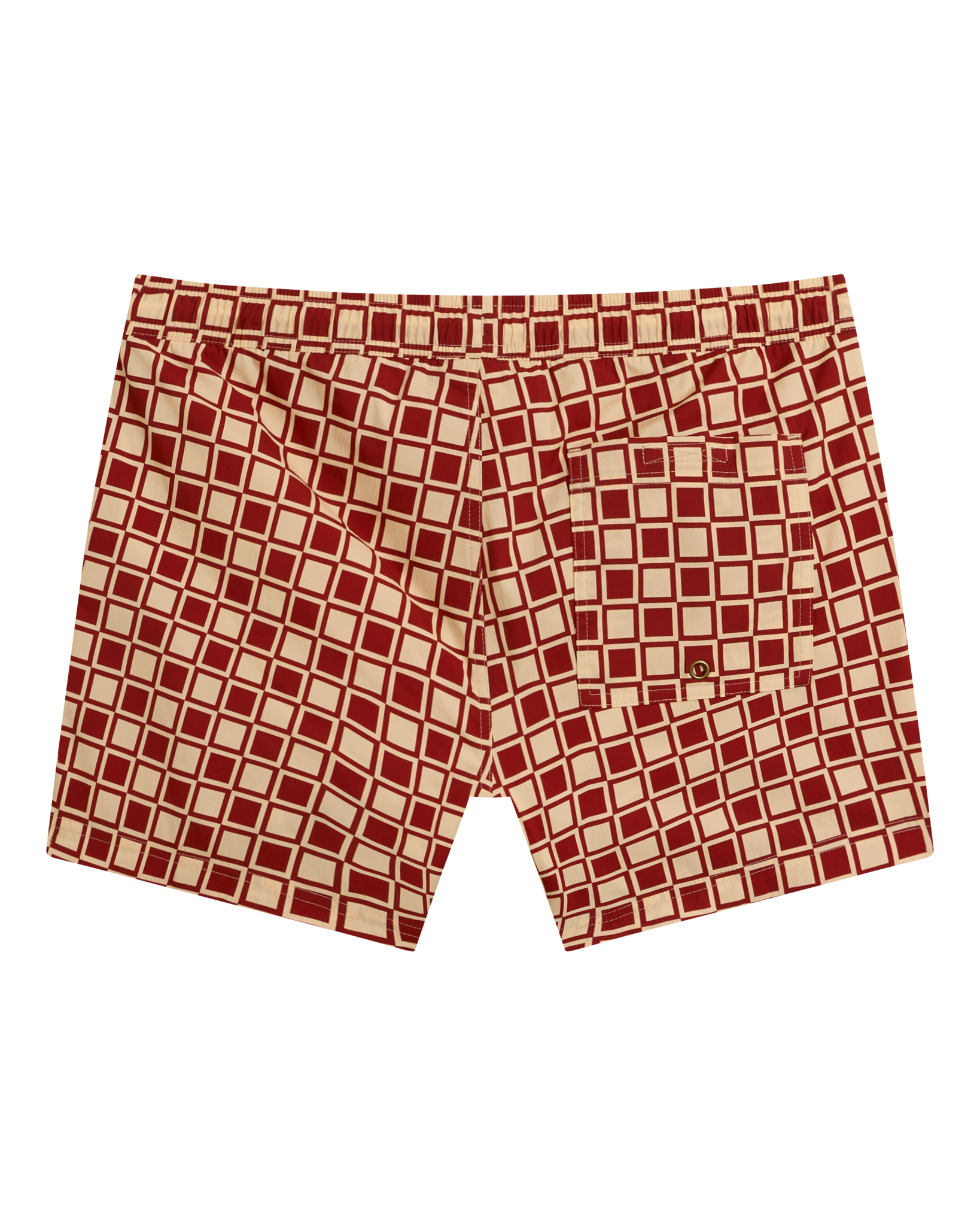 The Ventura Volley Shorts - Rouge by Dandy Del Mar: red and beige geometric men’s swim shorts with an elastic waist and single back pocket, shown flat on a white background.