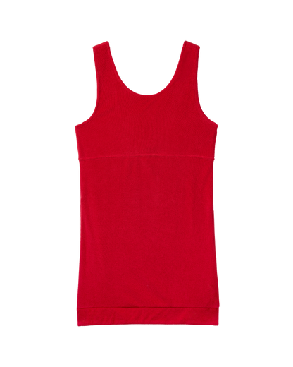 The Cyprus Dress - Pico by Dandy Del Mar, a vibrant red sleeveless mini dress with a scoop neck, is shown laid flat on a white background, highlighting its casual and stylish appeal.