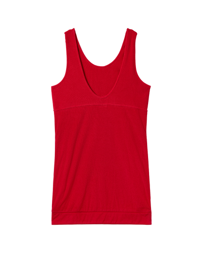 The Cyprus Dress - Pico by Dandy Del Mar, a vibrant red sleeveless dress with a scoop neckline, is laid flat on a white background.
