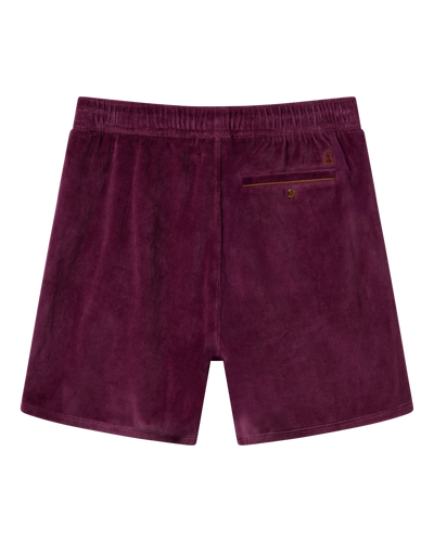 Back view of The Rio Velour Shorts - Bordeaux by Dandy Del Mar, featuring an elastic waistband and single buttoned back pocket—perfect for men’s leisurewear.