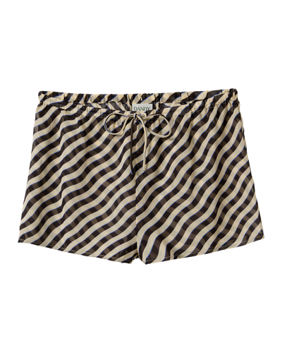 The Curacao Shorts - Tierra by Dandy Del Mar are men’s relaxed fit shorts featuring a wavy black and beige stripe pattern and an elastic drawstring waistband, shown laid flat on a white background.