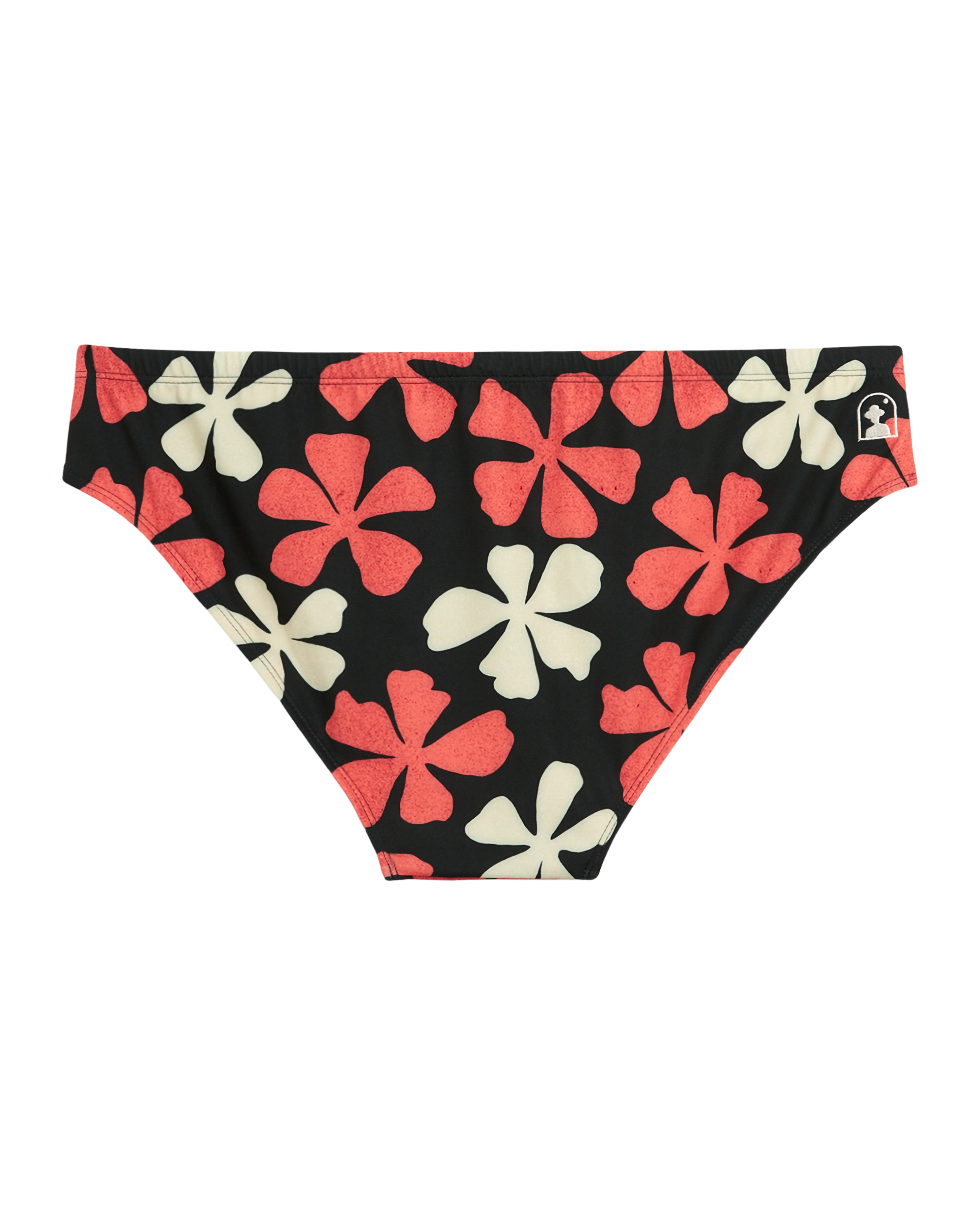 The Belize Swim Briefs - Currant by Dandy Del Mar, made with recycled polyester, feature a red and white floral design and are shown laid flat on a white background.