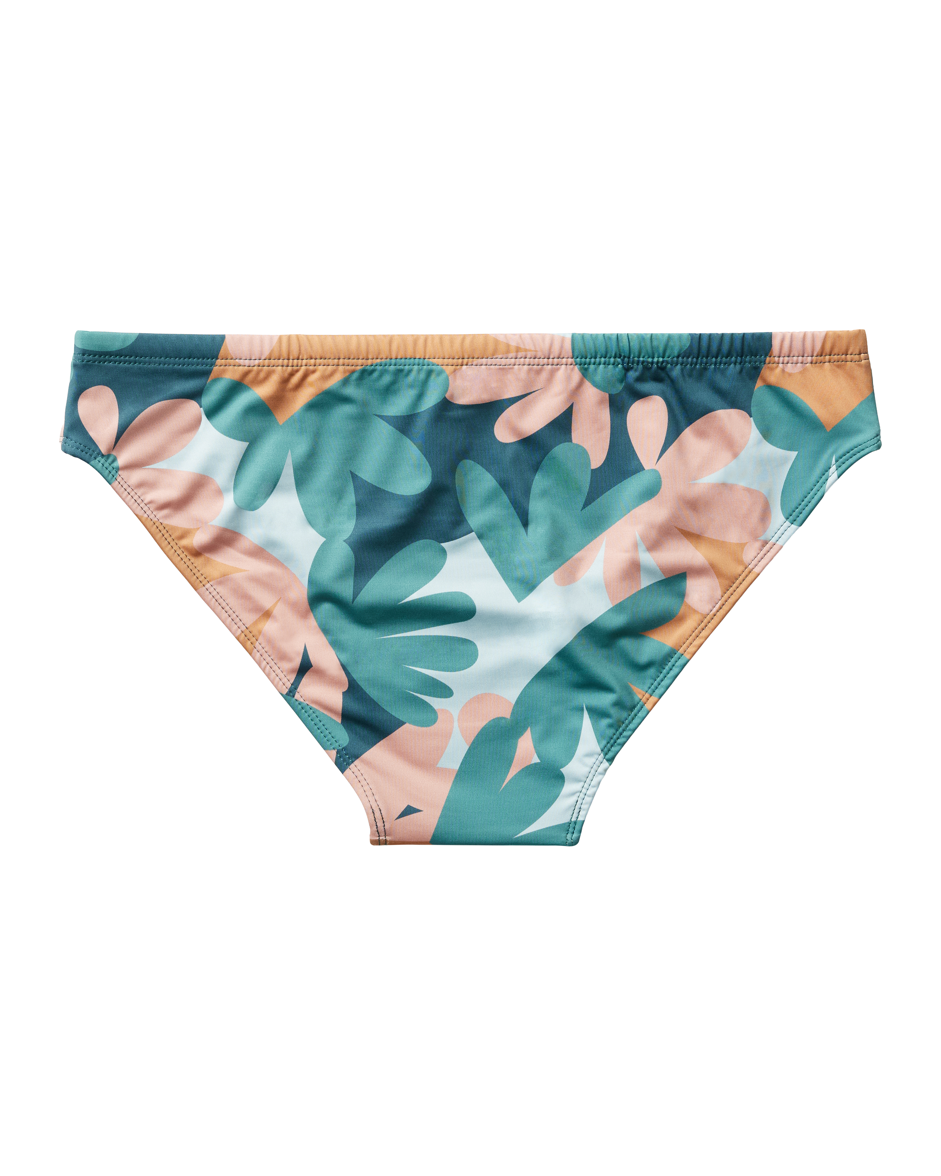 Elevate your summer style with The Belize Swim Briefs - Guava Lagoon by Dandy Del Mar, featuring a vibrant abstract leaf print in green, teal, peach, and beige against a sleek black background.