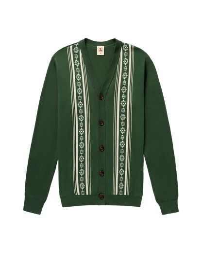 The Castello Cardigan - Palm Green by Dandy Del Mar is made from medium weight cotton with white vertical patterns and floral accents on the front panels.