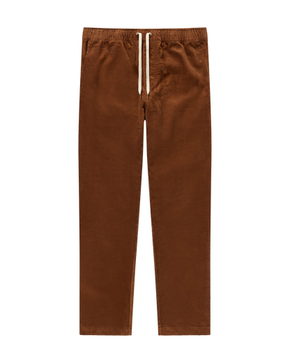 The Corsica Corduroy Pant - Carajillo by Dandy Del Mar features brown Italian corduroy, a straight leg cut, tailored fit, an elastic waistband, and white drawstring, shown against a plain background.