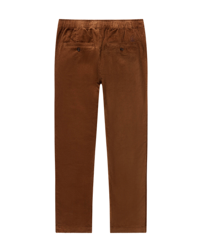 The Corsica Corduroy Pant - Carajillo by Dandy Del Mar features a brown Italian corduroy fabric, tailored trouser fit, elastic waistband, straight legs, and two back welt pockets with buttons, shown on a plain background.