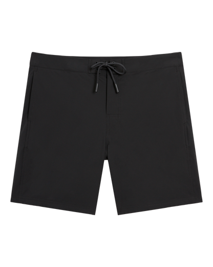The Cavoli Swim Short by Dandy Del Mar in Onyx features a drawstring waist and 4-way stretch performance fabric, shown laid flat on a white background.
