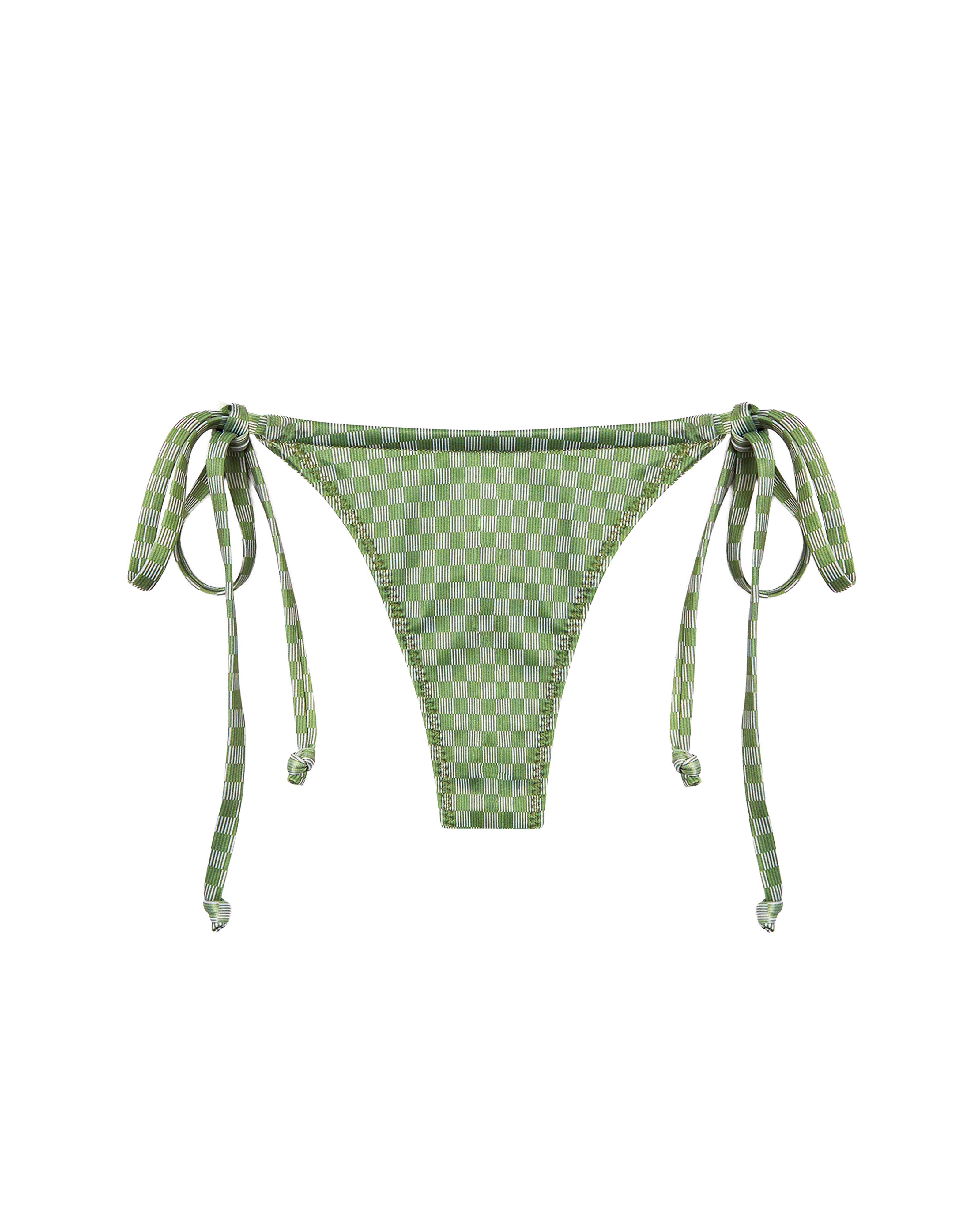 The Hierro Bottom - Berdea by Dandy Del Mar: a green and light green checkered string bikini bottom with adjustable side ties, crafted from recycled polyamide, shown on a plain white background.