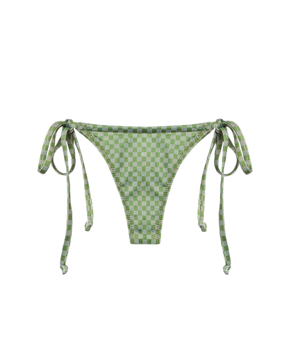 The Hierro Bottom - Berdea by Dandy Del Mar: a green and light green checkered string bikini bottom with adjustable side ties, crafted from recycled polyamide, shown on a plain white background.