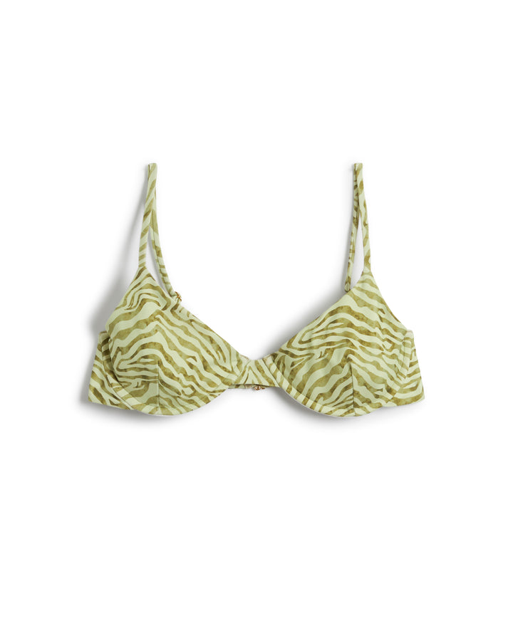 A green and beige zebra-print bikini top featuring adjustable straps made from recycled nylon, The Avila Top - Arbequina by Dandy Del Mar.