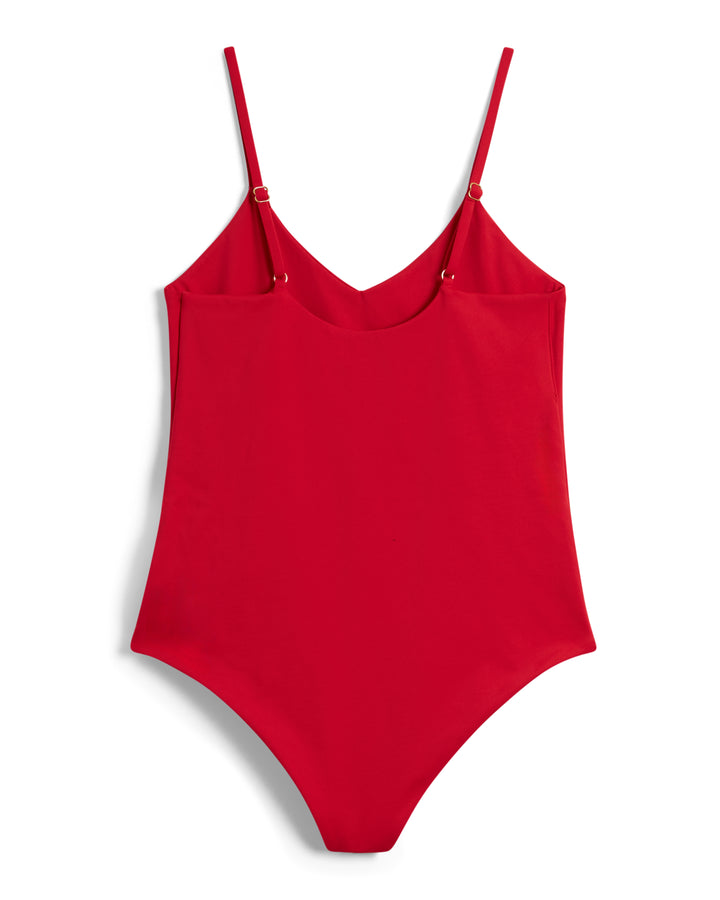 The Deia One Piece - Pico in red by Dandy Del Mar features thin shoulder straps and a high-cut cheeky design, making it a standout in our women's swim collection.