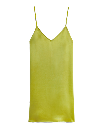 The Adonia Satin Slip Dress by Dandy Del Mar features a lightweight, lime green satin fabric, thin spaghetti straps, V-neckline, and open back; displayed on a plain background.
