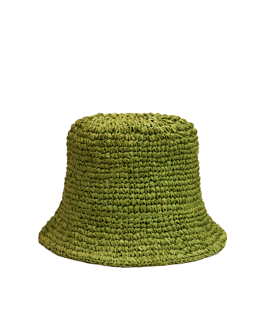 A green crocheted bucket hat, the Amabile Rafia Hat by Dandy Del Mar, isolated on a white background.