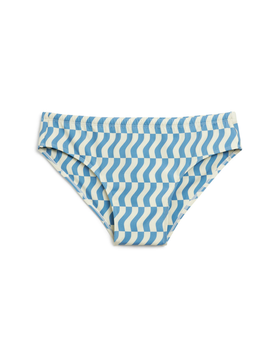 A blue and white Belize Swim Brief - Annapolis bikini bottom with a chevron pattern by Dandy Del Mar.