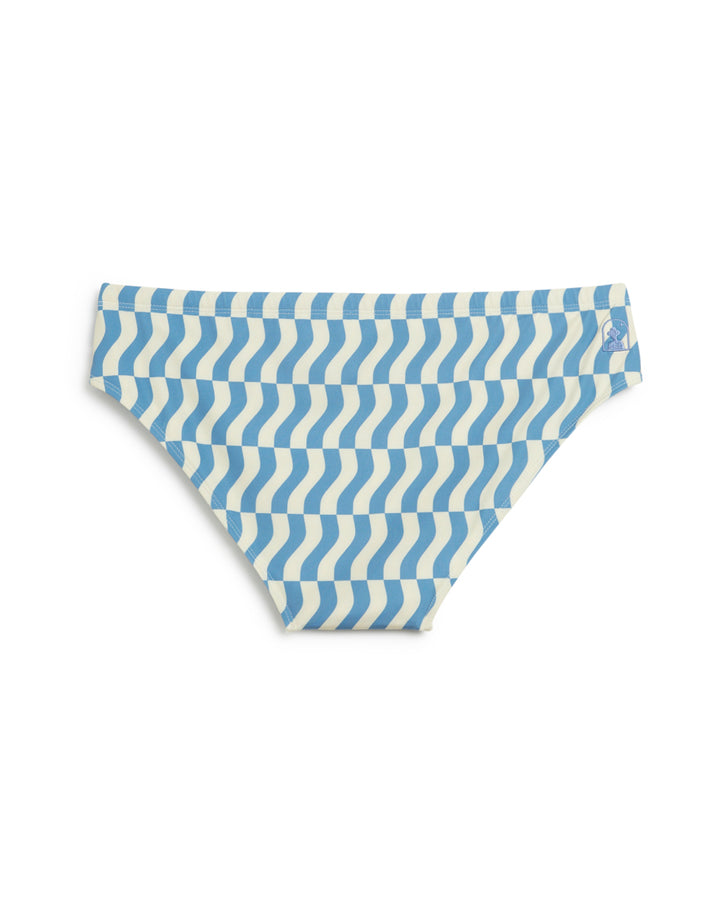 A blue and white Belize Swim Brief - Annapolis with a wavy pattern by Dandy Del Mar.