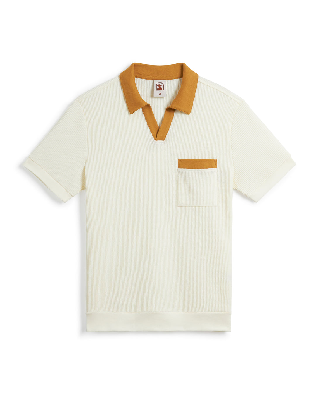 A white short-sleeve polo shirt with a ribbed texture, mustard yellow collar, and pocket trim. This Dandy Del Mar Cannes Waffle Knit Shirt - Vintage Ivory features a buttonless polo collar and subtle waffle knit fabric for added style and comfort.