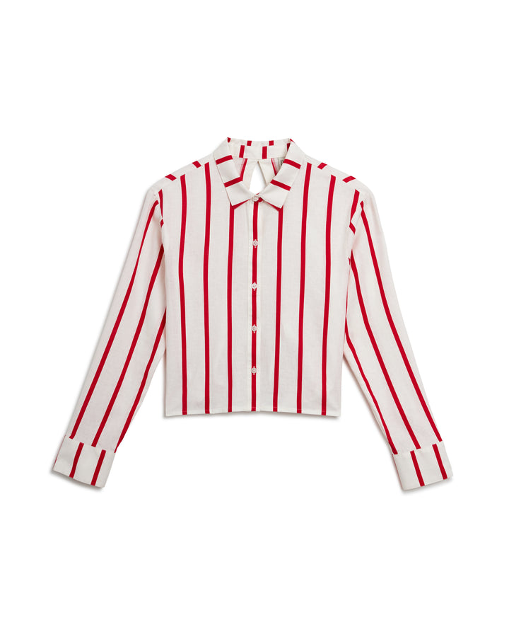 A white and red striped Crete Linen Shirt by Dandy Del Mar.